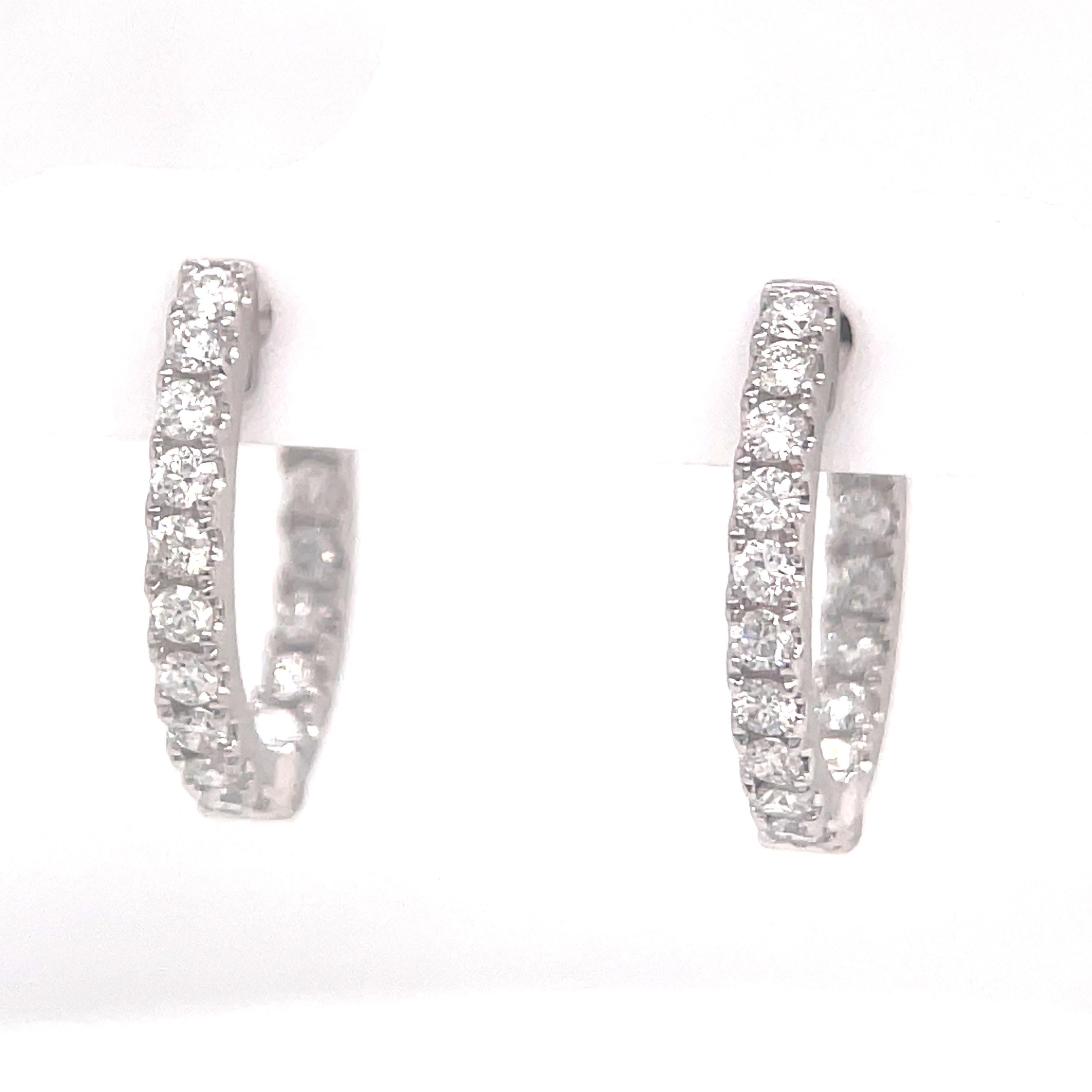 Round Cut Diamond Hoop Earrings 0.82 Carats 14 Karat White Gold 2.9 Grams For Sale