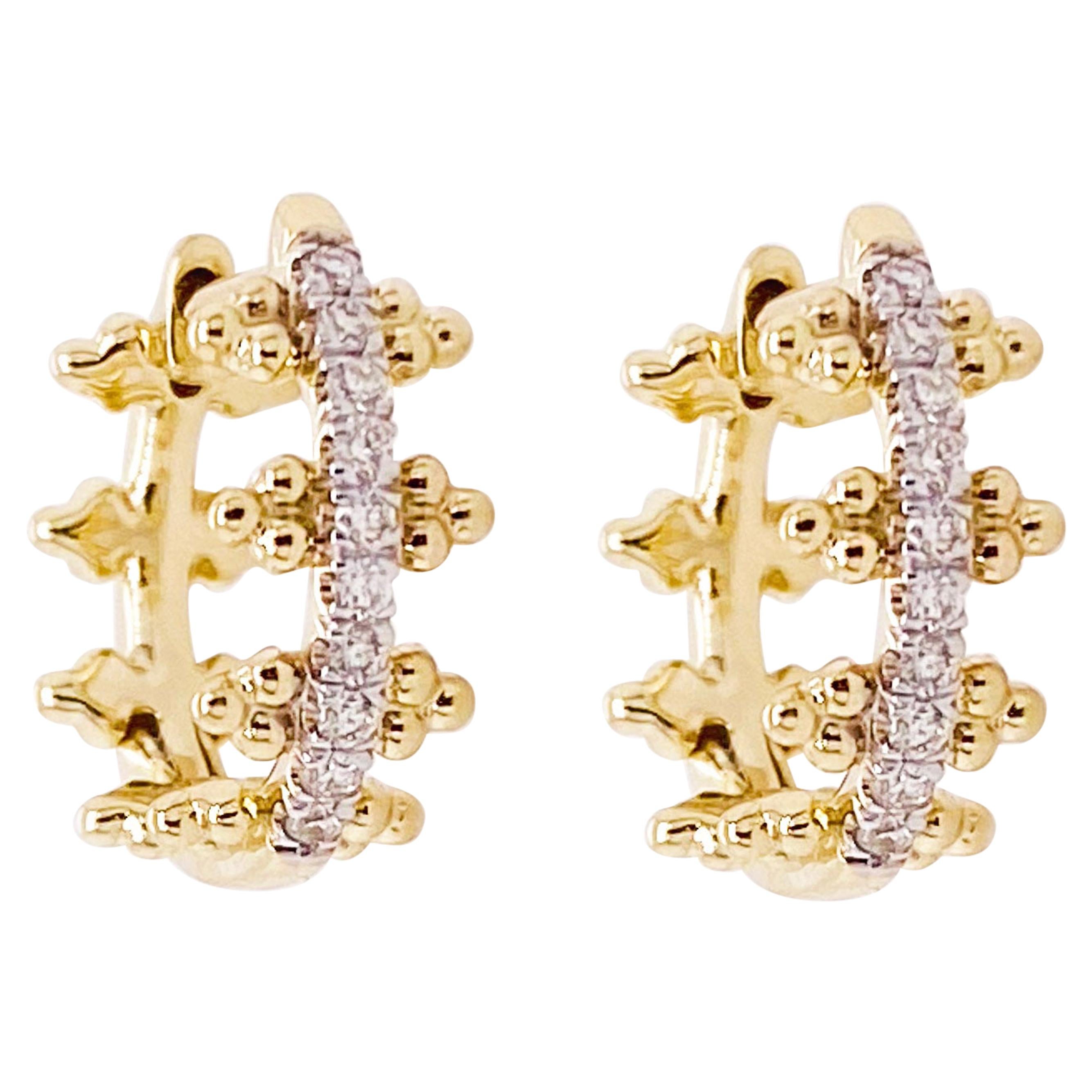 Diamond Hoop Earrings, 14 Karat Gold Beaded Pave Huggie, Gabriel EG13575Y45JJ For Sale