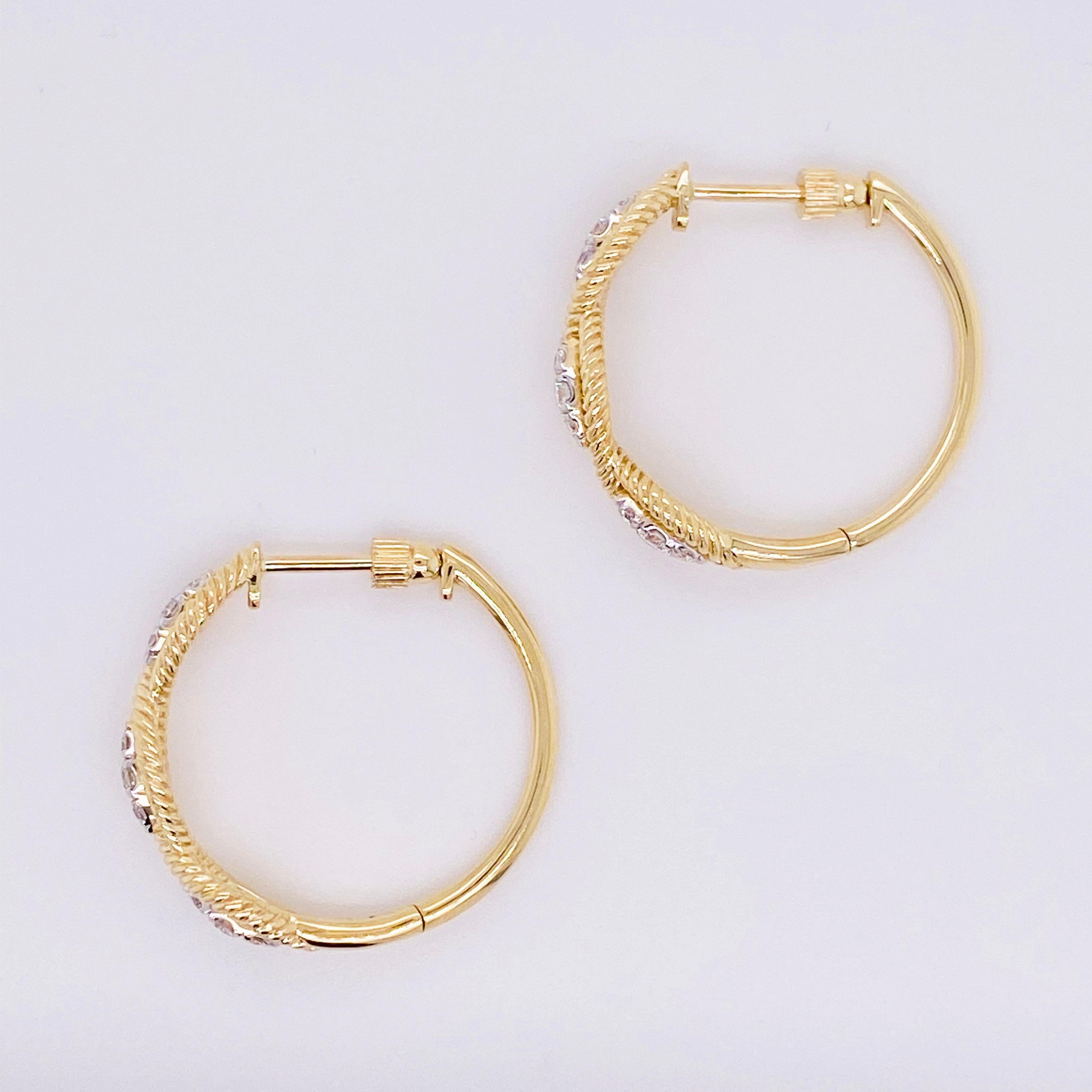 Modern Diamond Hoop Earrings, 14 Karat Yellow Gold Twisted Layered, EG13651Y45JJ For Sale