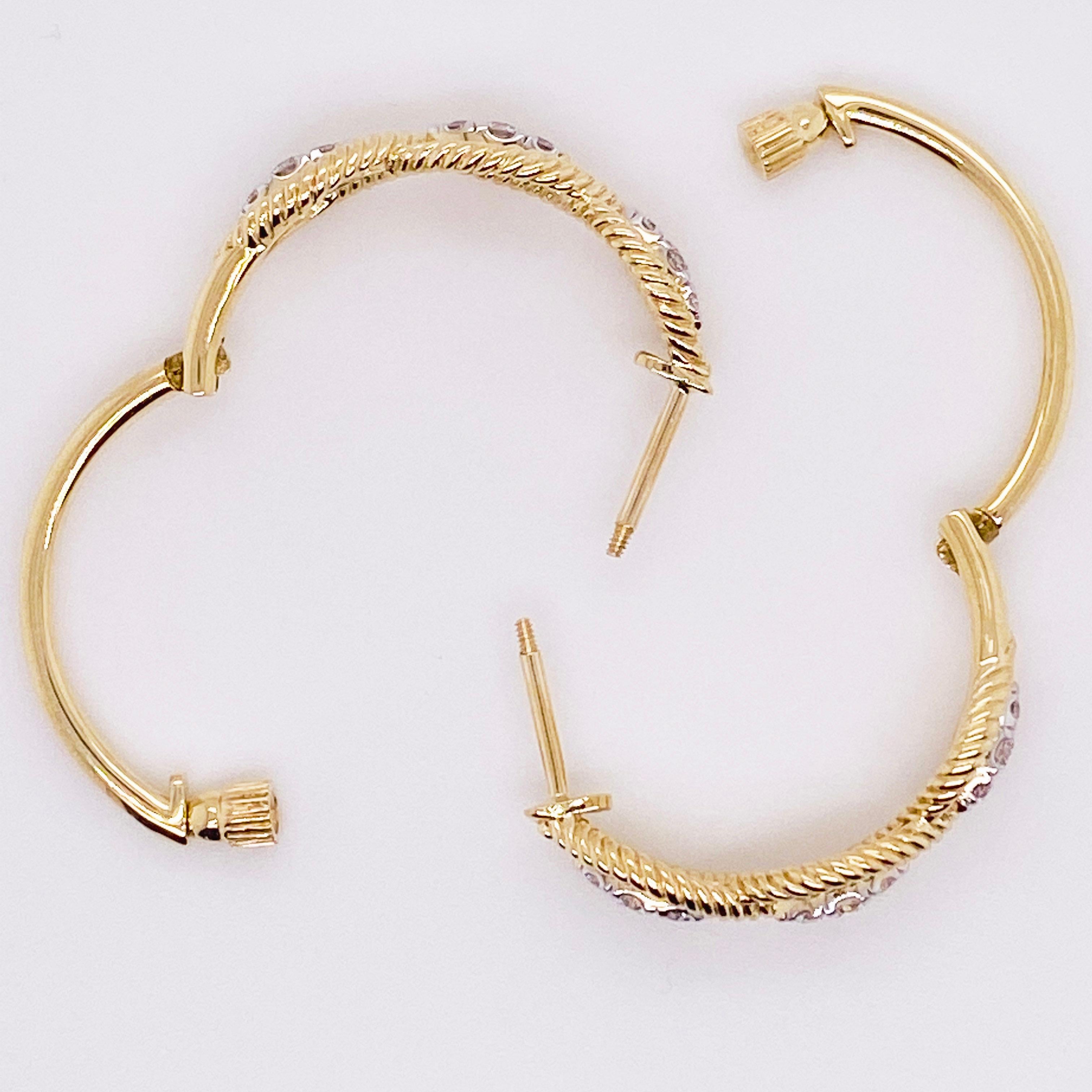 Round Cut Diamond Hoop Earrings, 14 Karat Yellow Gold Twisted Layered, EG13651Y45JJ For Sale