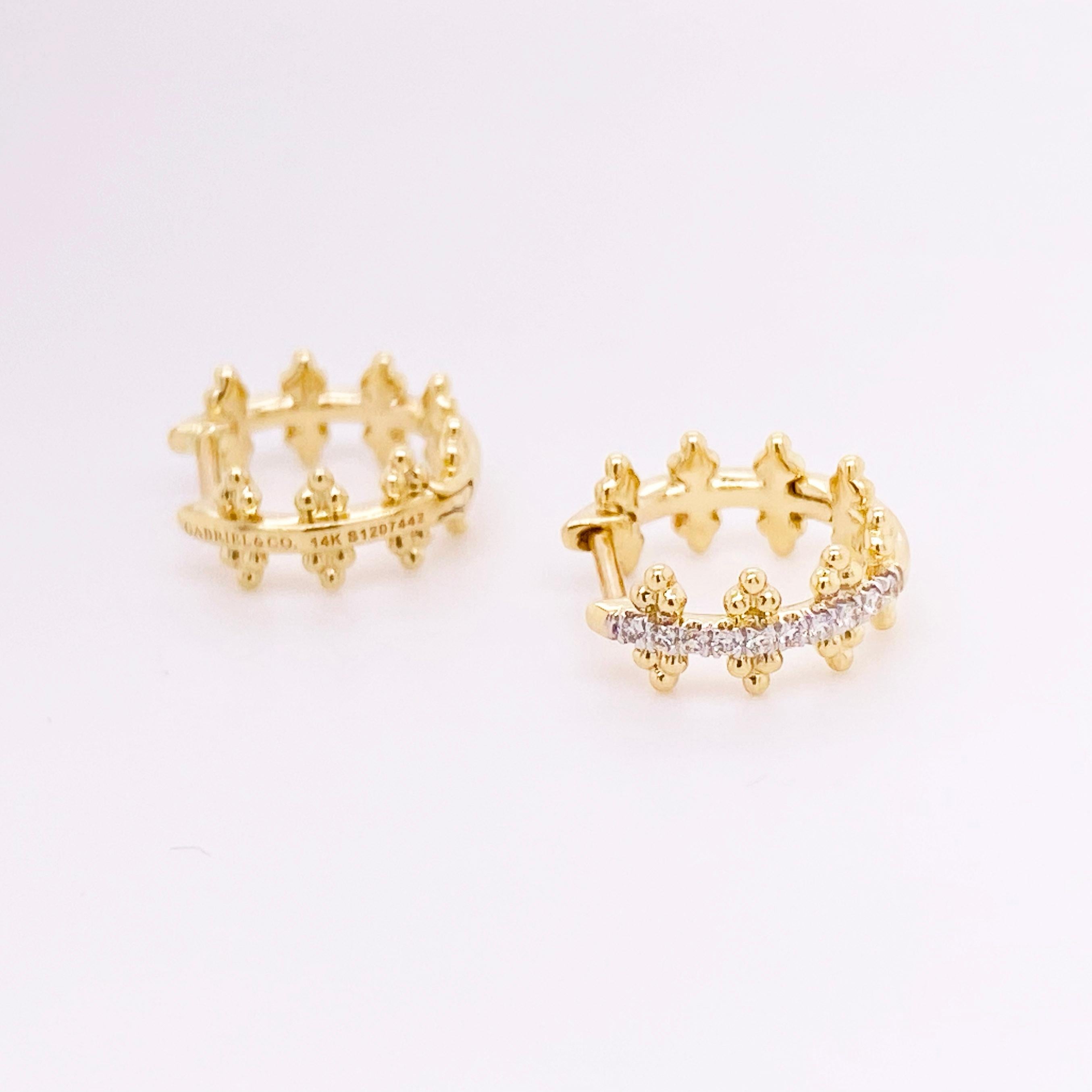 Modern Diamond Hoop Earrings, 14 Karat Gold Beaded Pave Huggie, Gabriel EG13575Y45JJ For Sale
