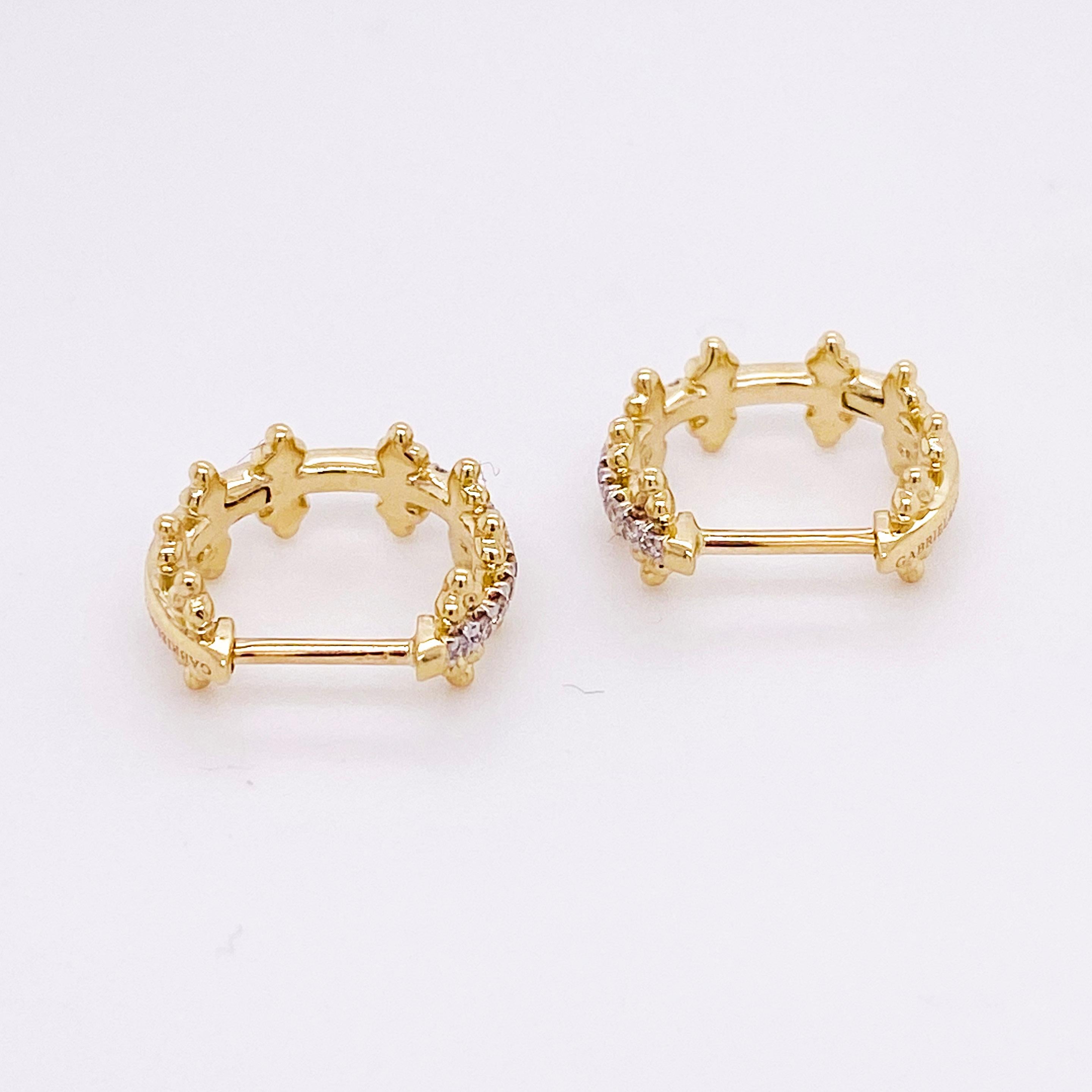 Round Cut Diamond Hoop Earrings, 14 Karat Gold Beaded Pave Huggie, Gabriel EG13575Y45JJ For Sale