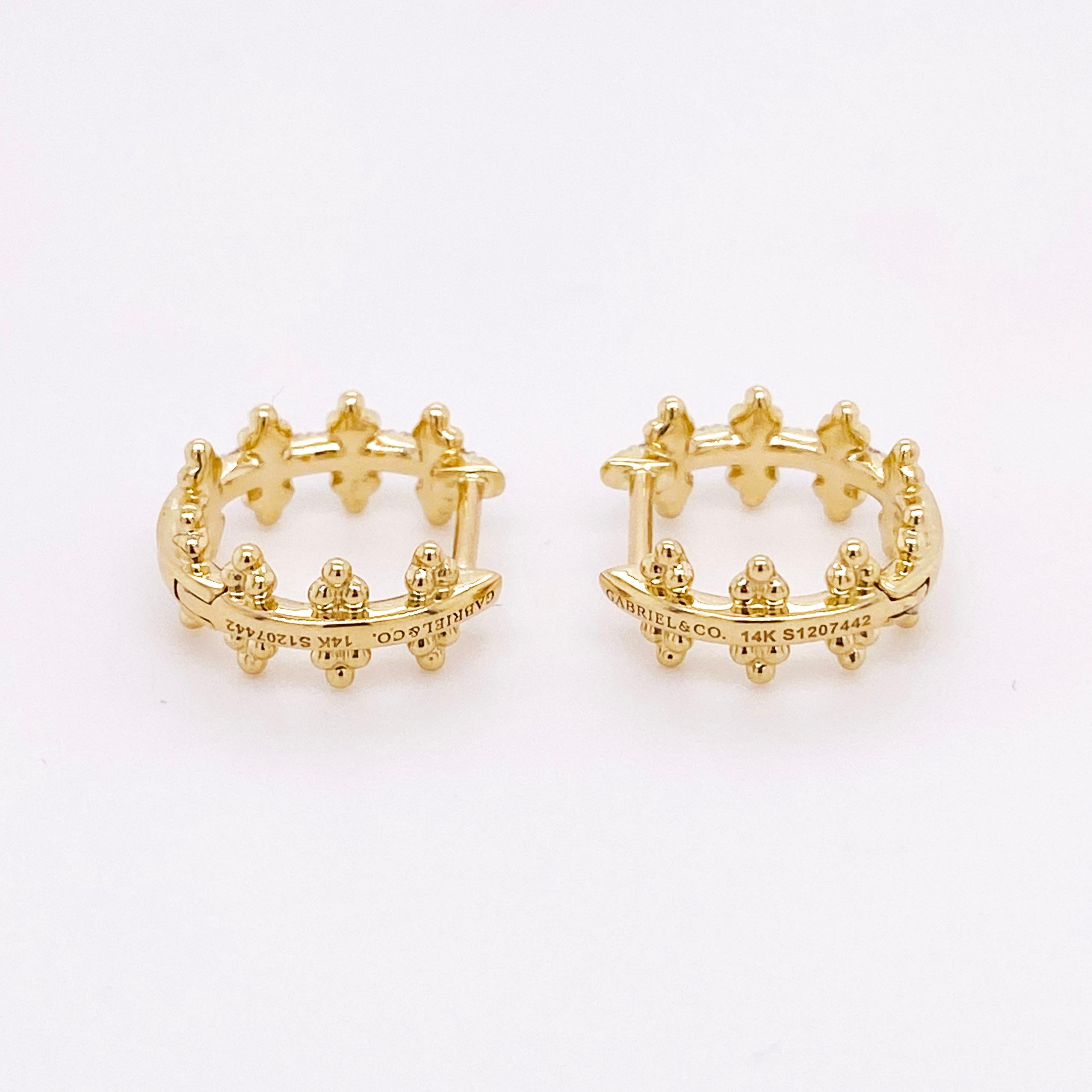 Diamond Hoop Earrings, 14 Karat Gold Beaded Pave Huggie, Gabriel EG13575Y45JJ In New Condition For Sale In Austin, TX