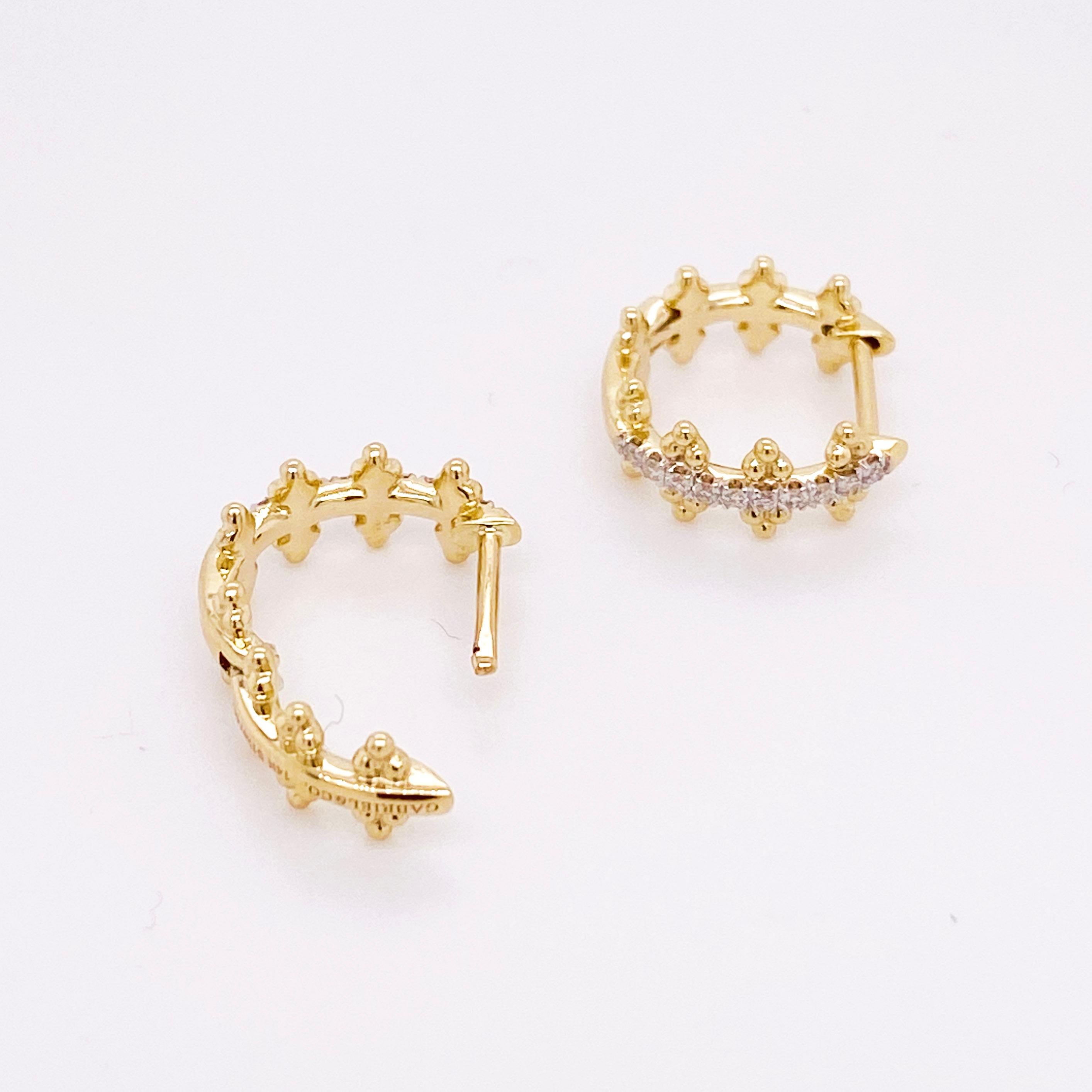 Women's Diamond Hoop Earrings, 14 Karat Gold Beaded Pave Huggie, Gabriel EG13575Y45JJ For Sale