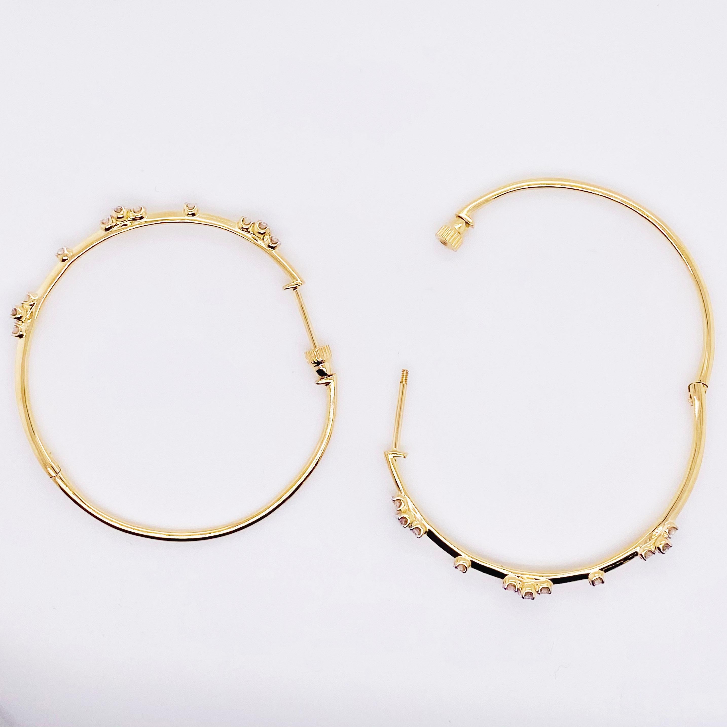Women's Diamond Hoop Earrings, 14 Karat Yellow Gold Prong Set Round Classic Screw Back For Sale