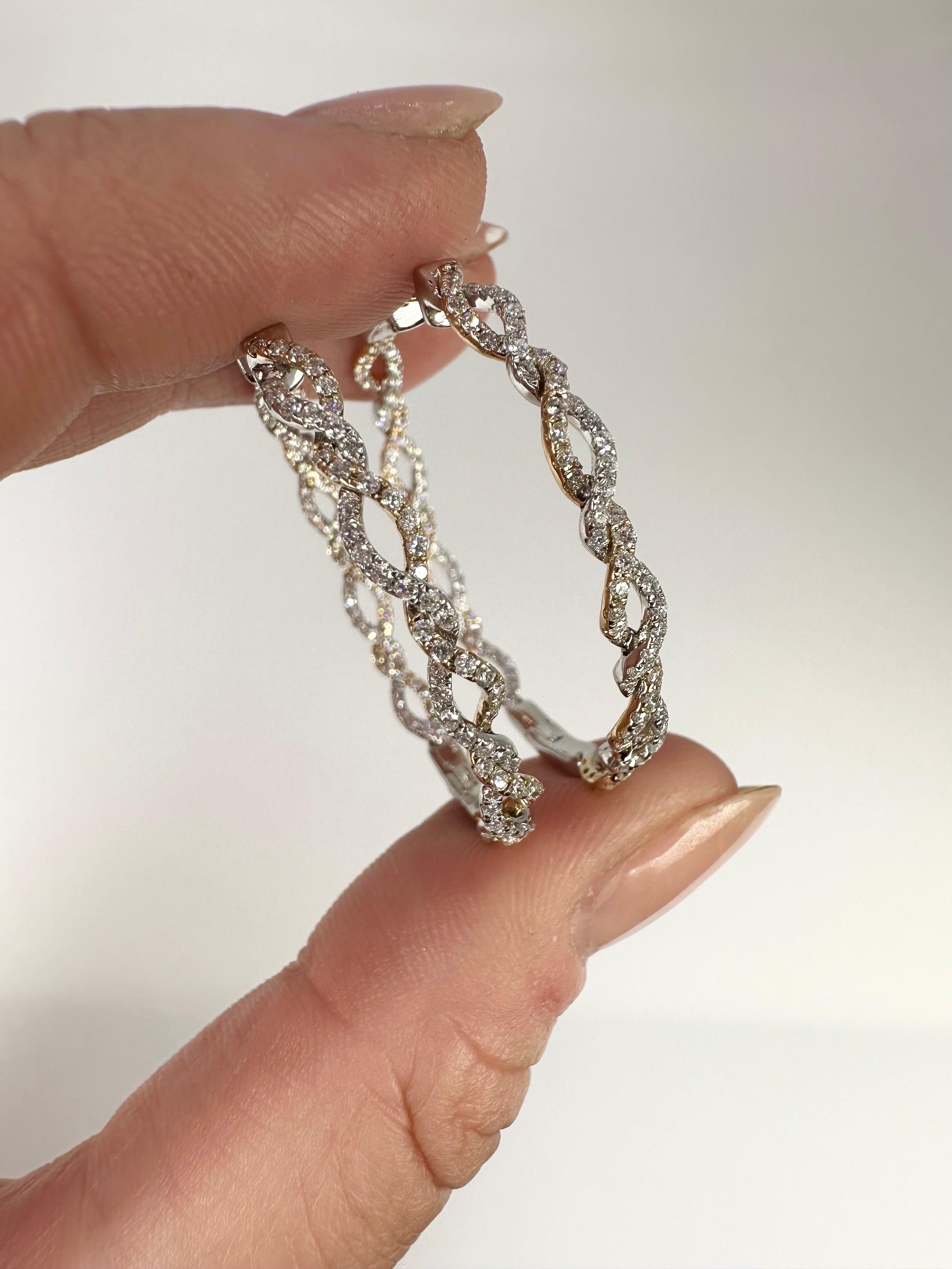 Round Cut Diamond Hoop Earrings 14 Karat Gold Natural Diamond Earrings Large For Sale
