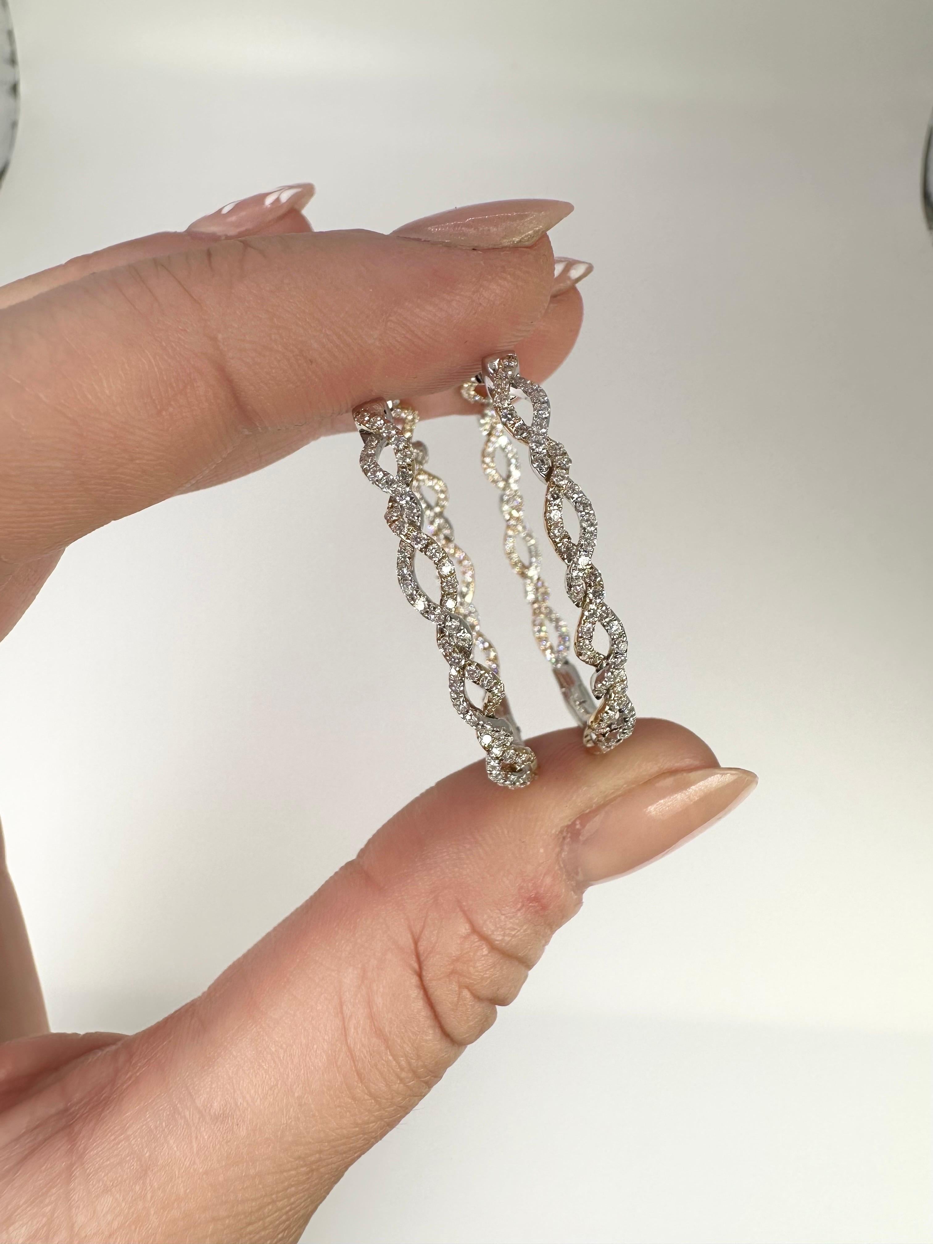 Women's or Men's Diamond Hoop Earrings 14 Karat Gold Natural Diamond Earrings Large For Sale