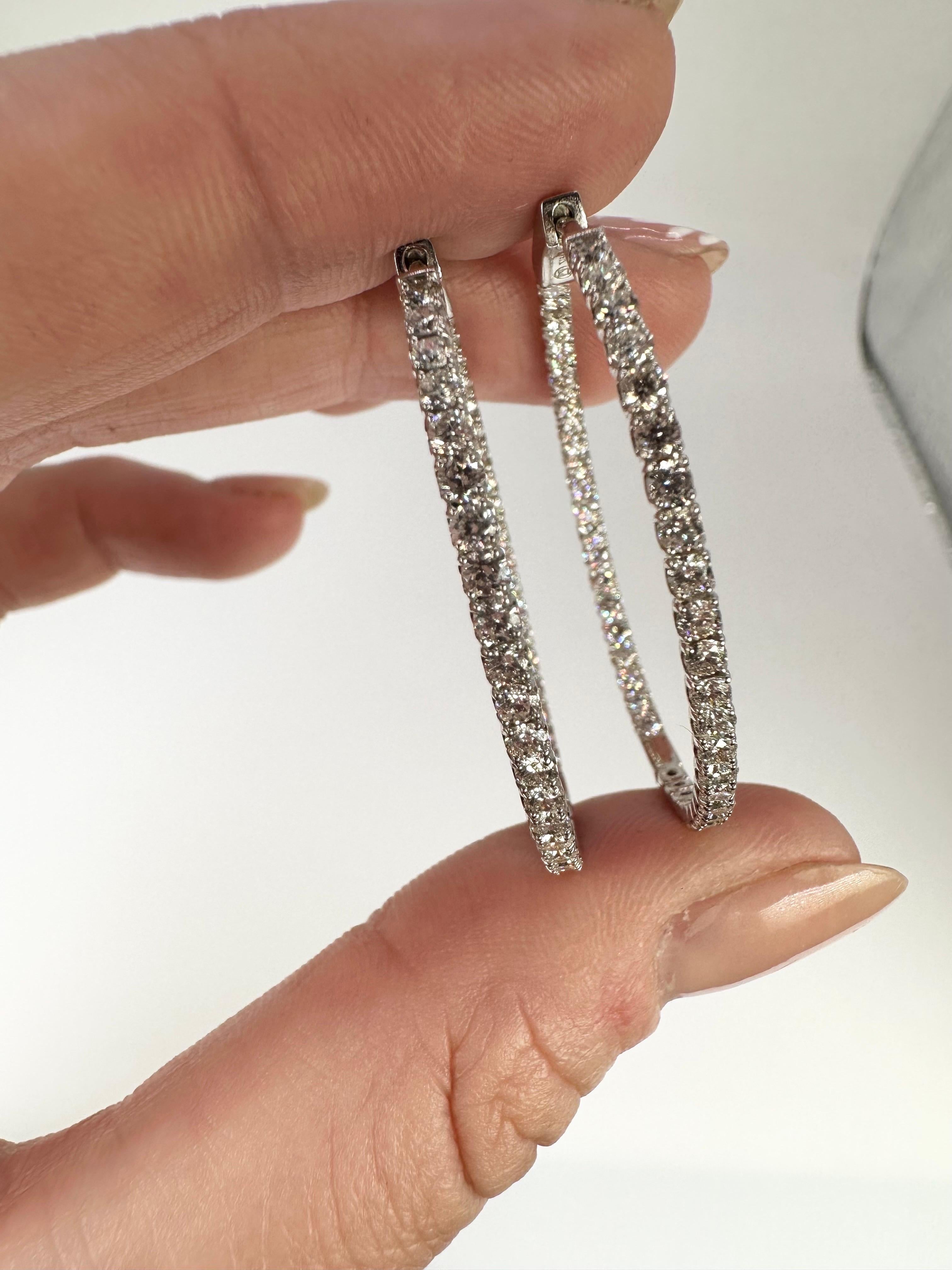 Women's Diamond Hoop Earrings 14 Karat White Gold Inside Out Earrings 3 Carats Wow For Sale