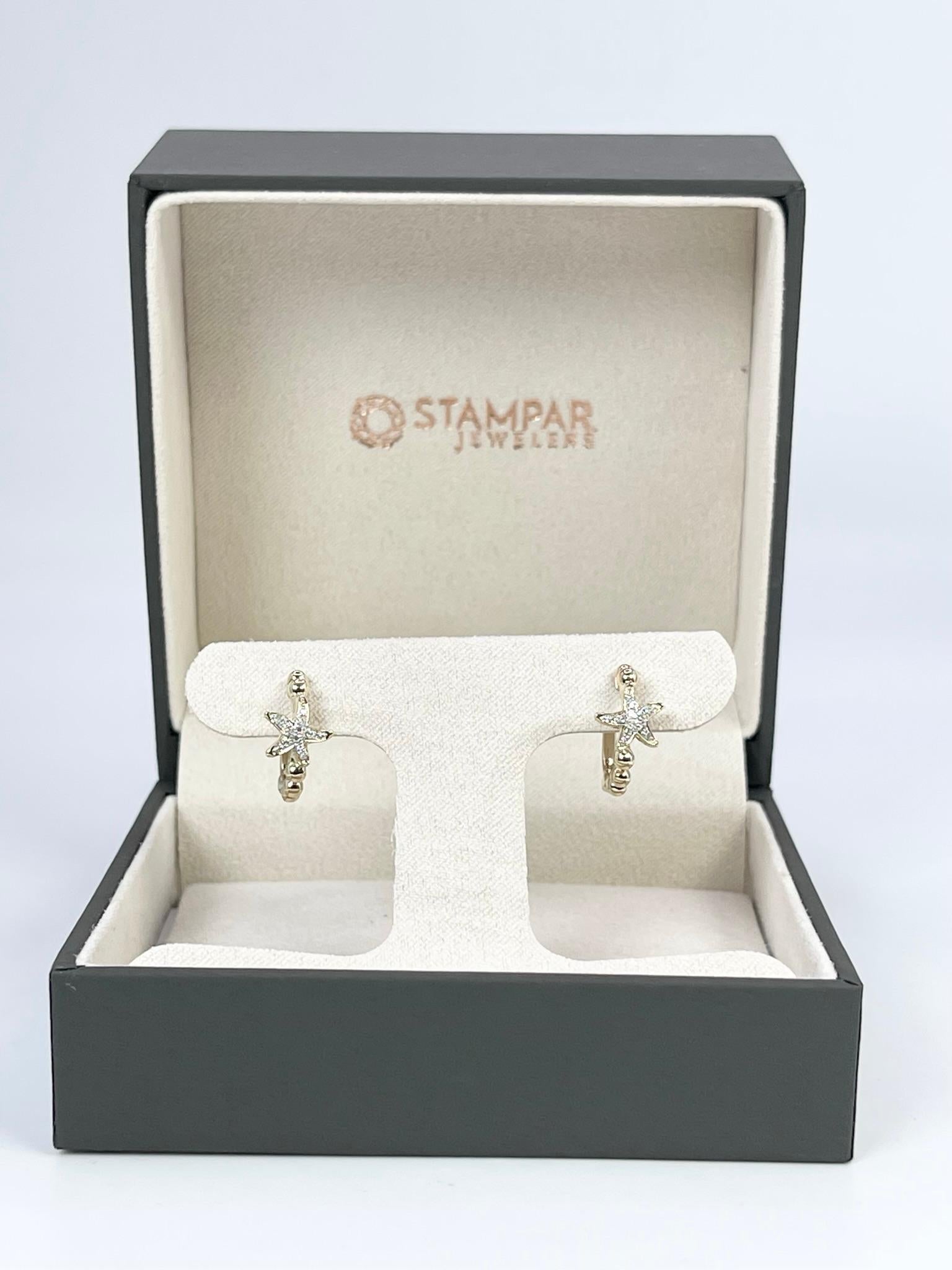 Cute Starfish earring hoops in 14KT yellow gold.

CENTER STONE: NATURAL DIAMONDS
CARAT: 0.08CT
CLARITY: VS-SI
COLOR: F-G
CUT: ROUND BRILLIANT
STAMP: 14KT
GRAM WEIGHT: 2.90gr
GOLD: 14KT yellow gold
CLOSURE: hinge on hoop
Diameter: 14mm


WHAT YOU GET