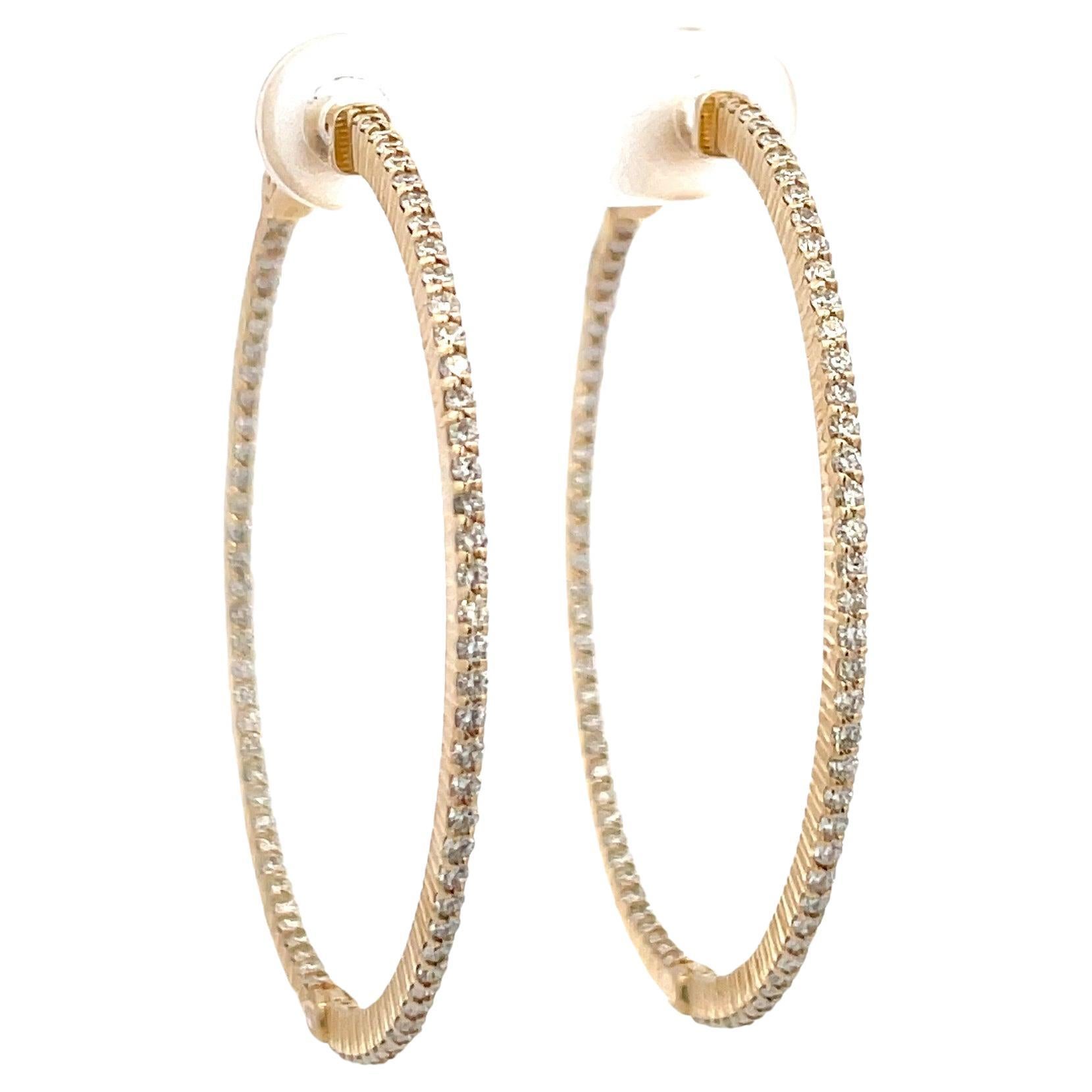 Diamond Hoop Earrings 1.56 Carats 14 Karat Yellow Gold 1.75 Inch Diameter For Sale