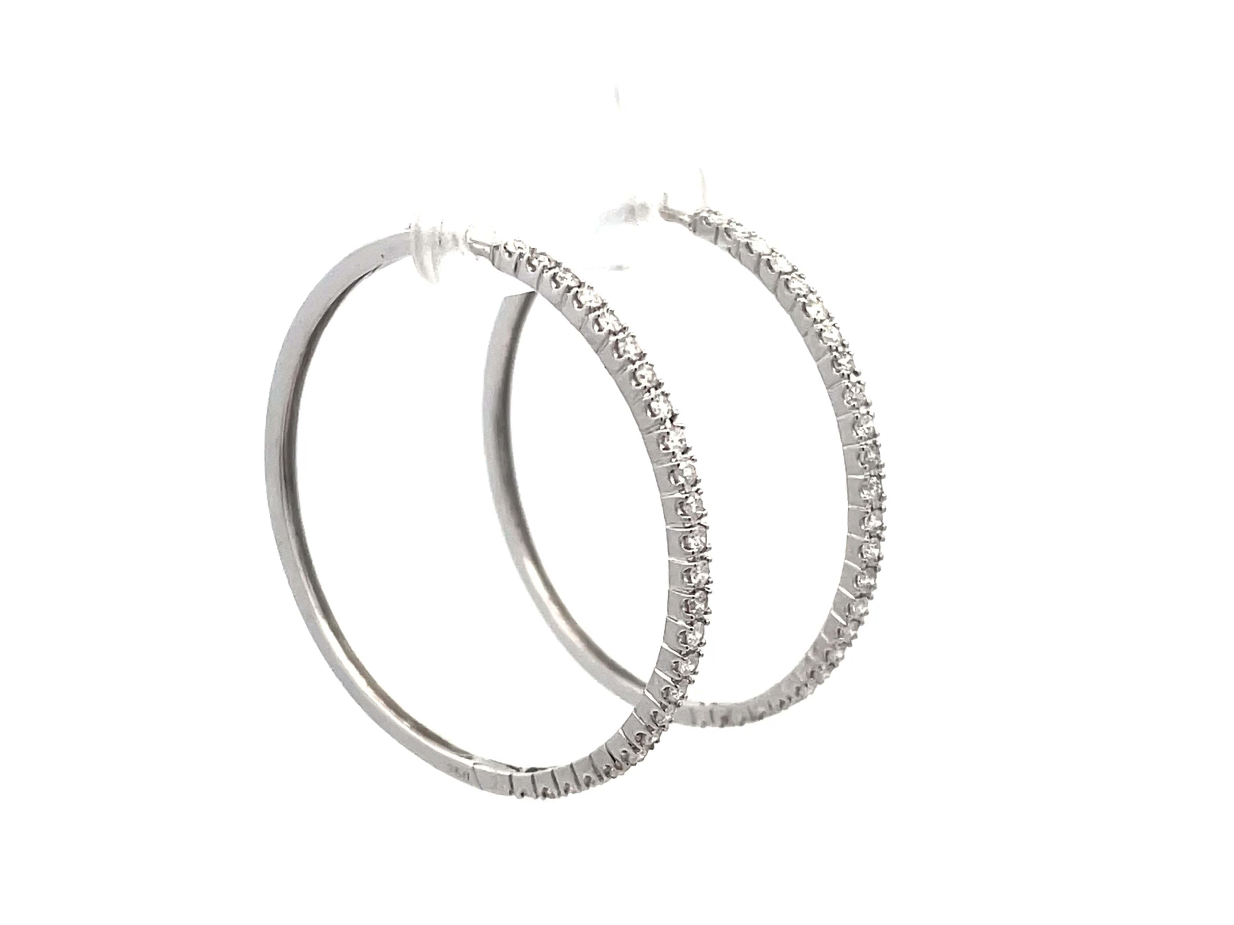Brilliant Cut Diamond Hoop Earrings 18K Solid White Gold  For Sale