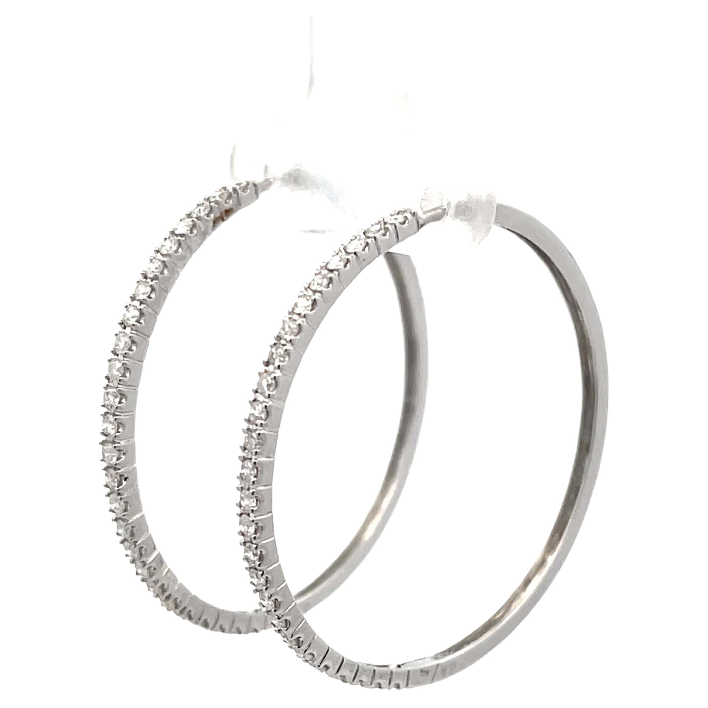 Diamond Hoop Earrings 18K Solid White Gold  For Sale