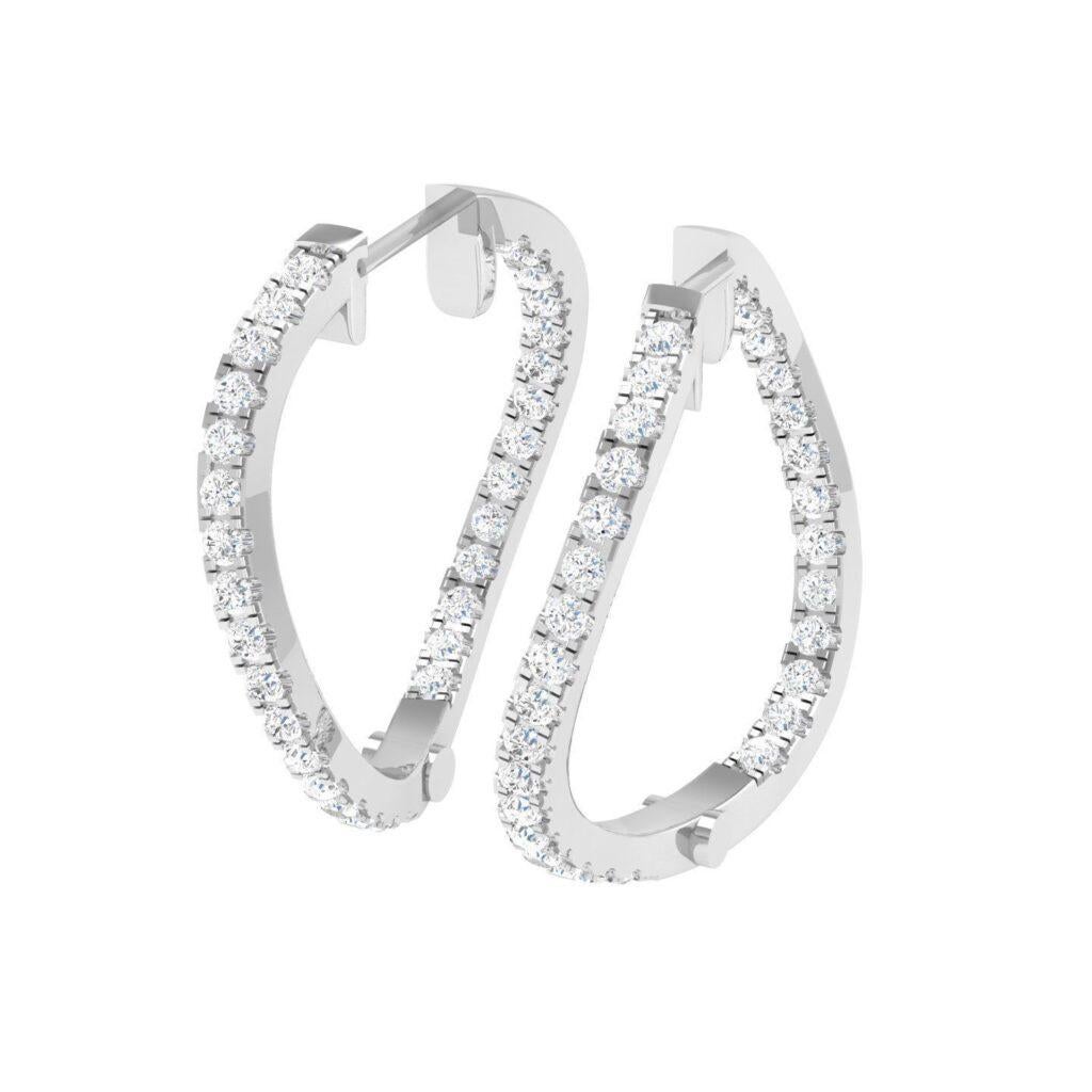 Round Cut Diamond Hoop Earrings, 18k White Gold, 1.24ct For Sale