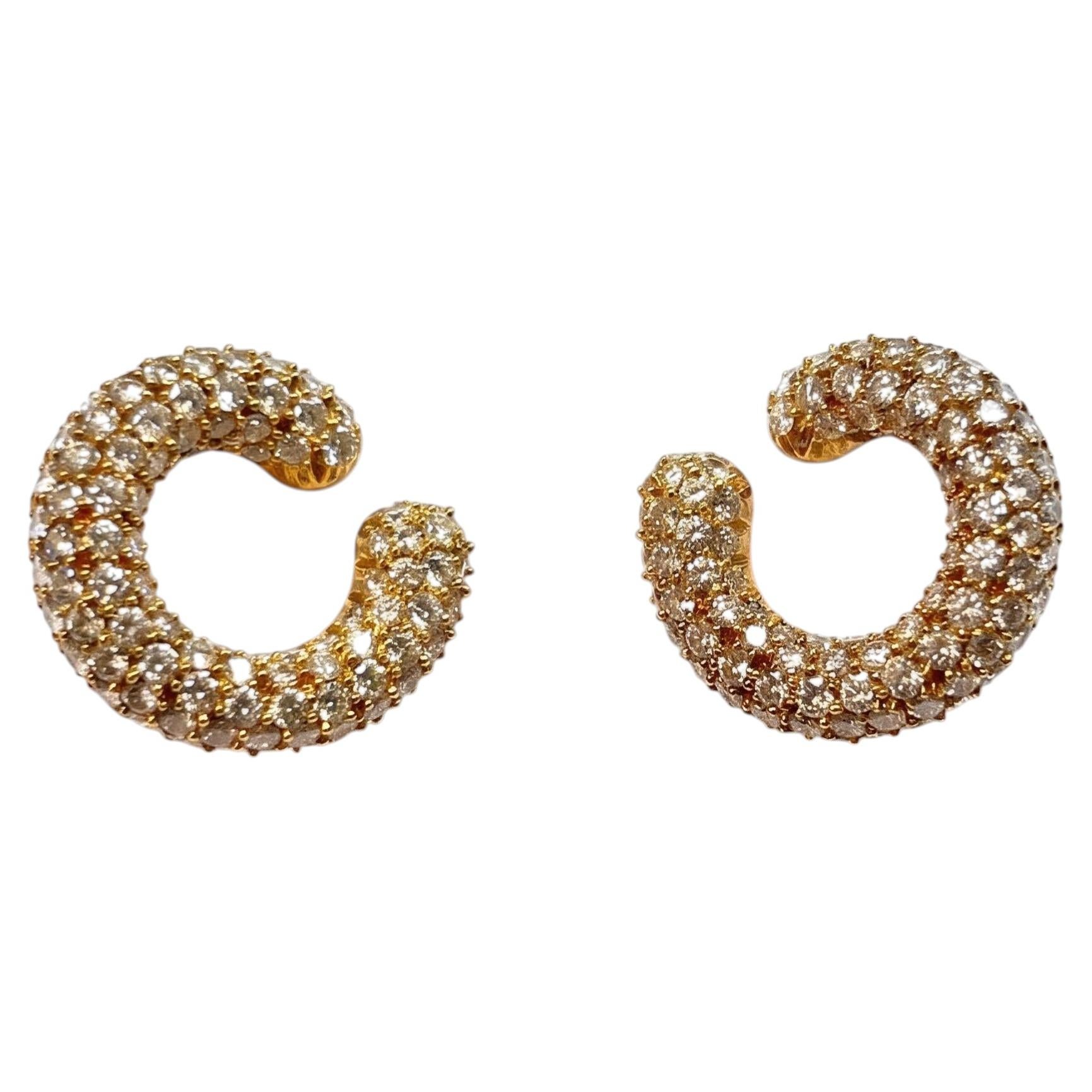 Diamond Hoop Earrings 18K Yellow Gold For Sale