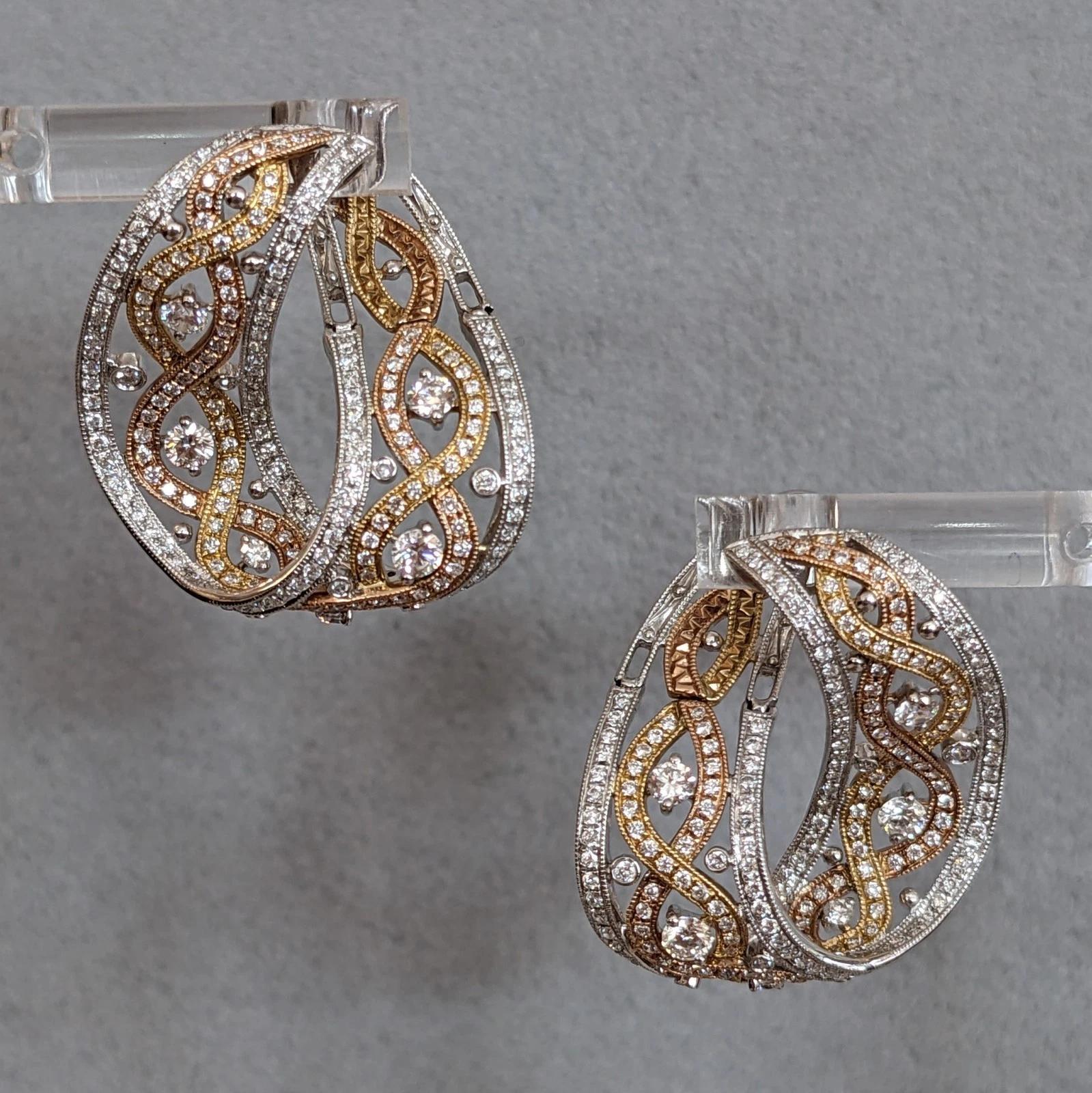 Diamant-Creolen-Ohrringe 2,00 cttw von Supreme aus 18 Karat dreifarbigem Gold (Rundschliff) im Angebot