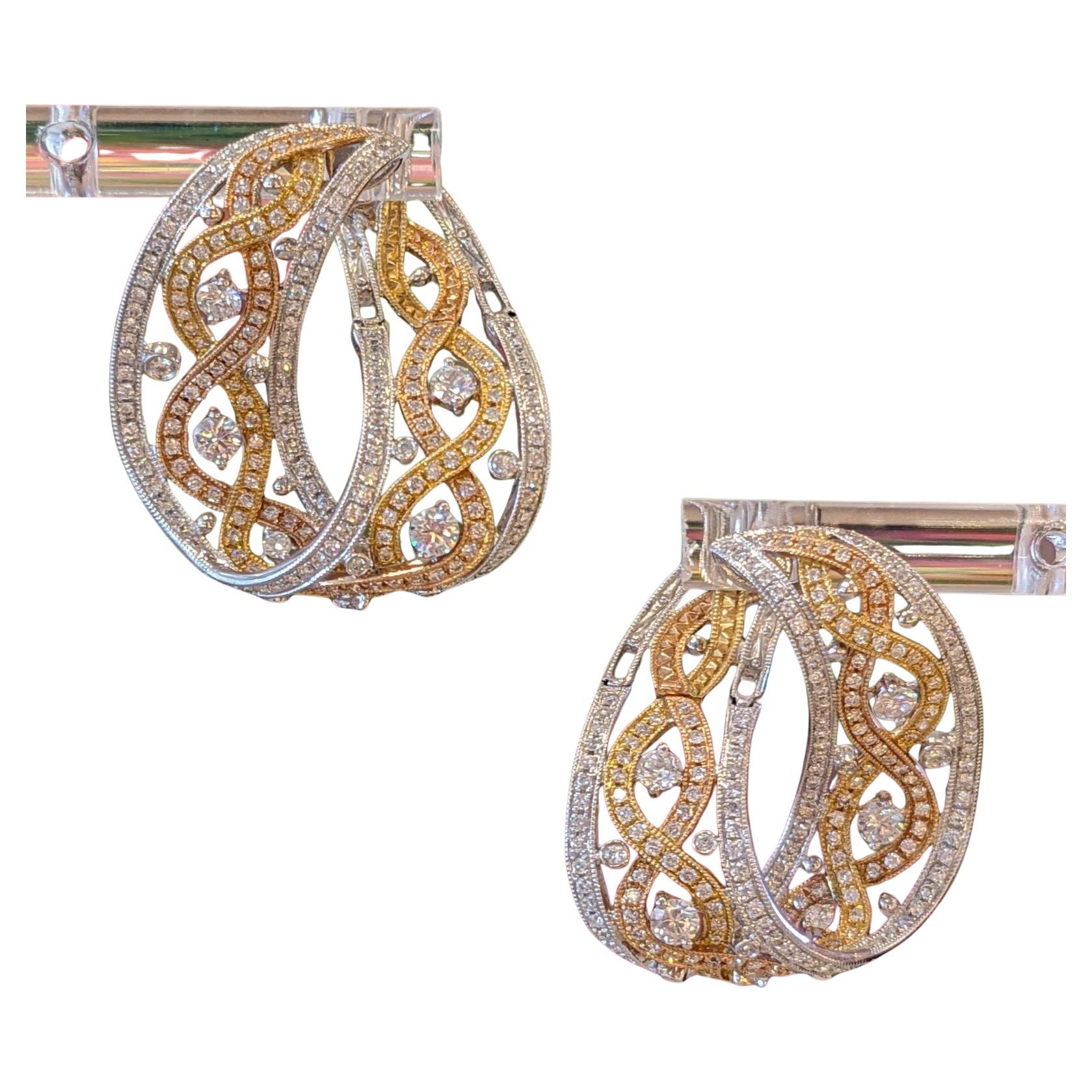 Diamond Hoop Earrings 2.00 cttw by Supreme in 18k Tricolor Gold