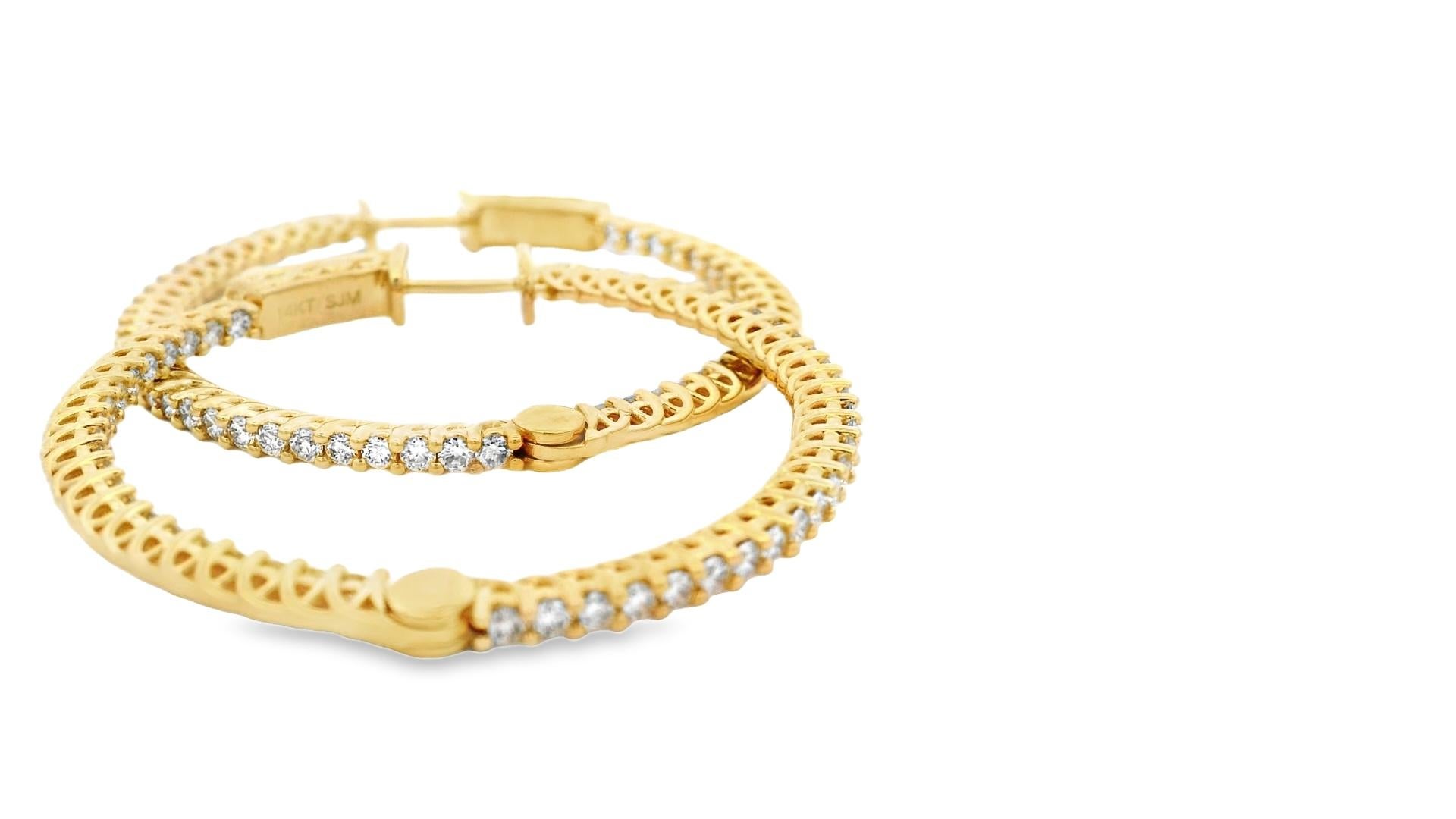 Diamond Hoop Earrings 2.00ct Round Diamonds in 14K Yellow Gold For Sale 1