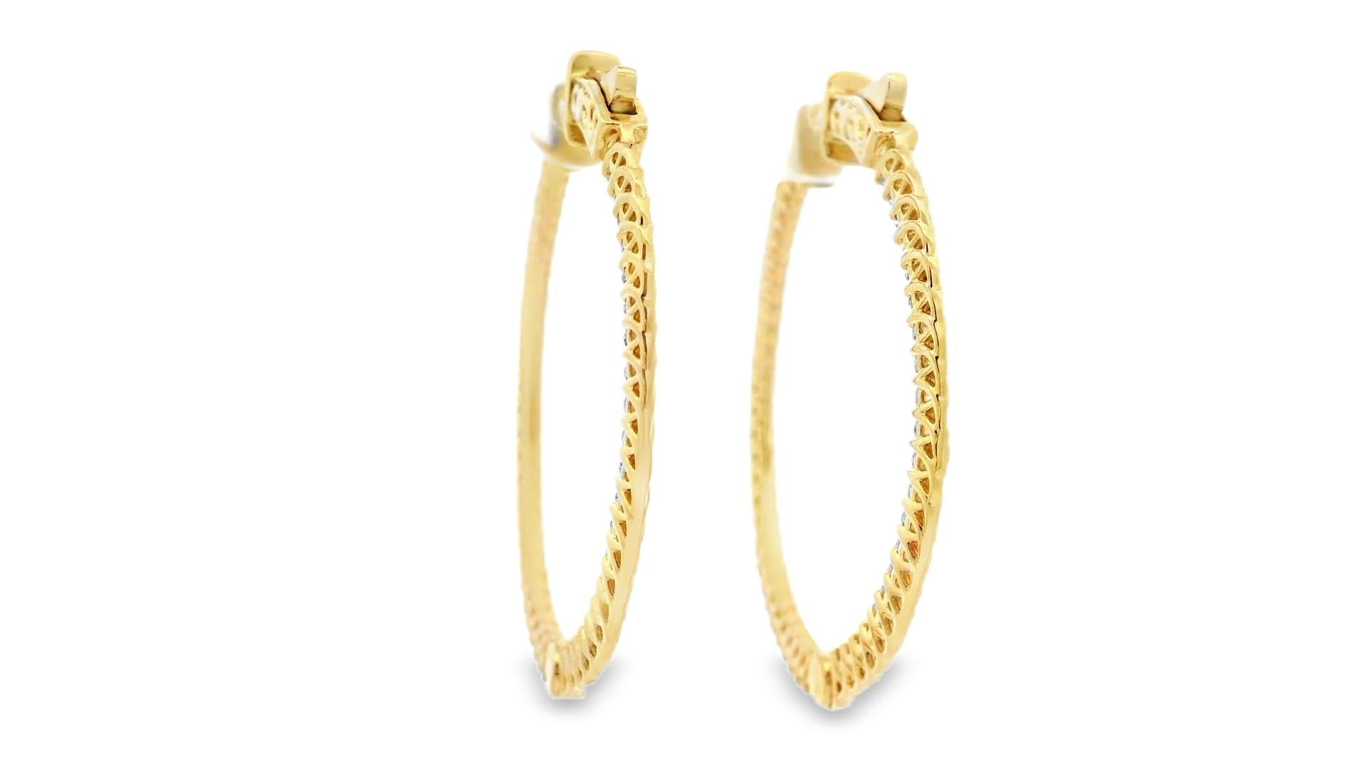Contemporary Diamond Hoop Earrings 2.00ct Round Diamonds in 14K Yellow Gold For Sale