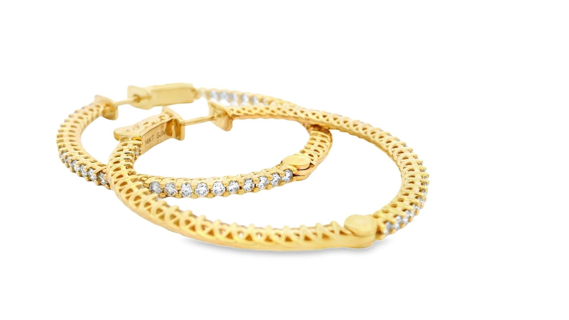 Women's Diamond Hoop Earrings 2.00ct Round Diamonds in 14K Yellow Gold For Sale