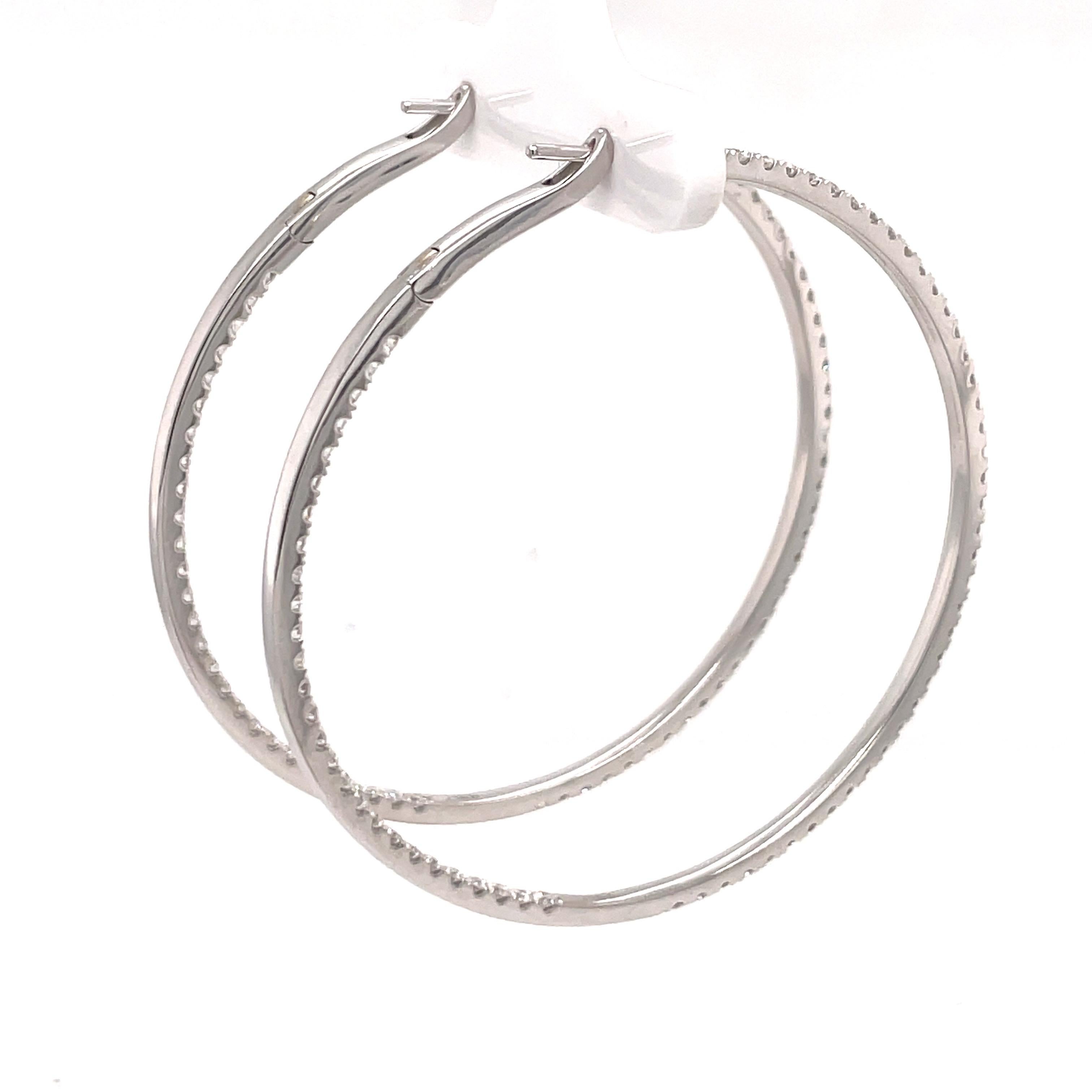 Round Cut Diamond Hoop Earrings 2.30 Carats 14 Karat White Gold 11 Grams For Sale