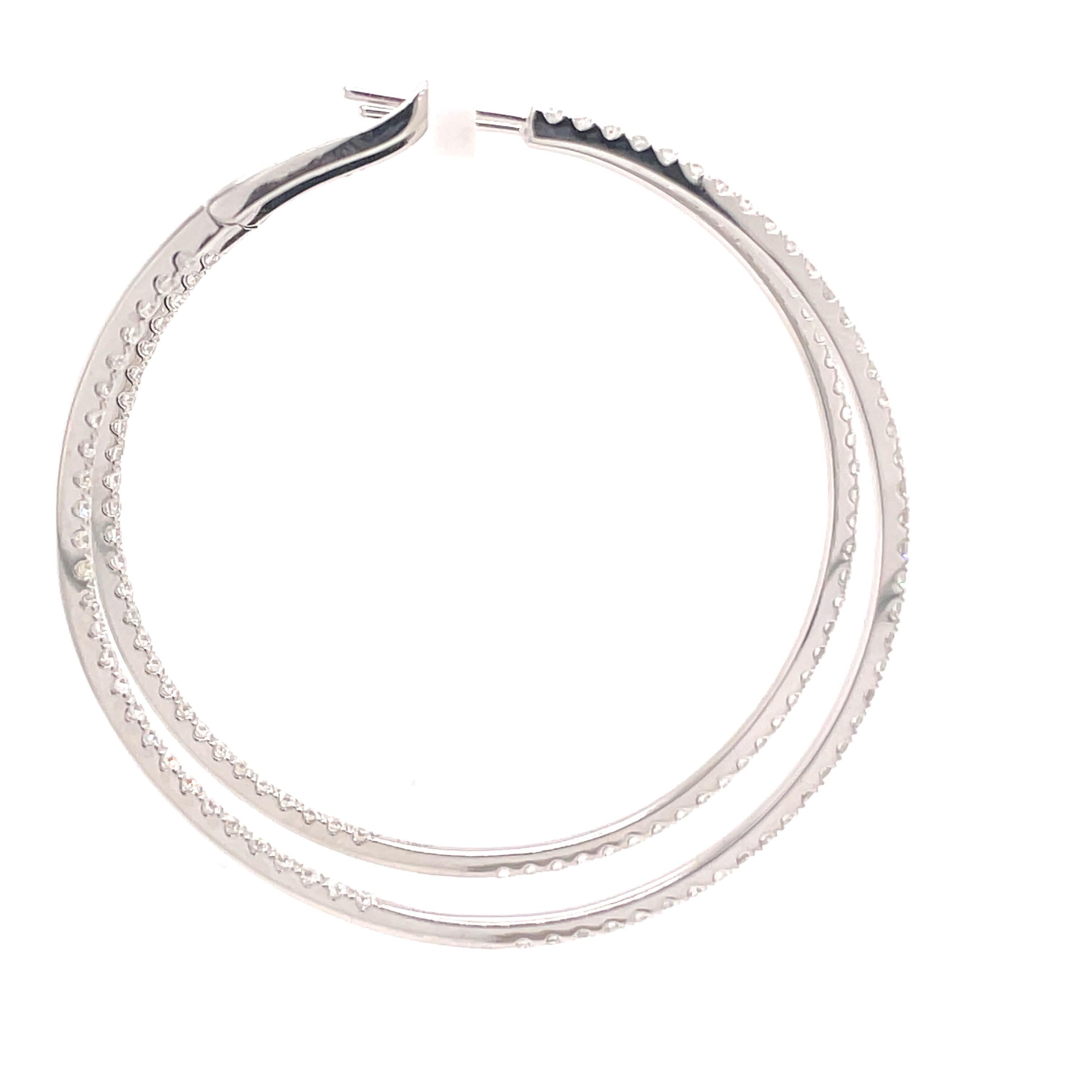 Women's Diamond Hoop Earrings 2.30 Carats 14 Karat White Gold 11 Grams For Sale