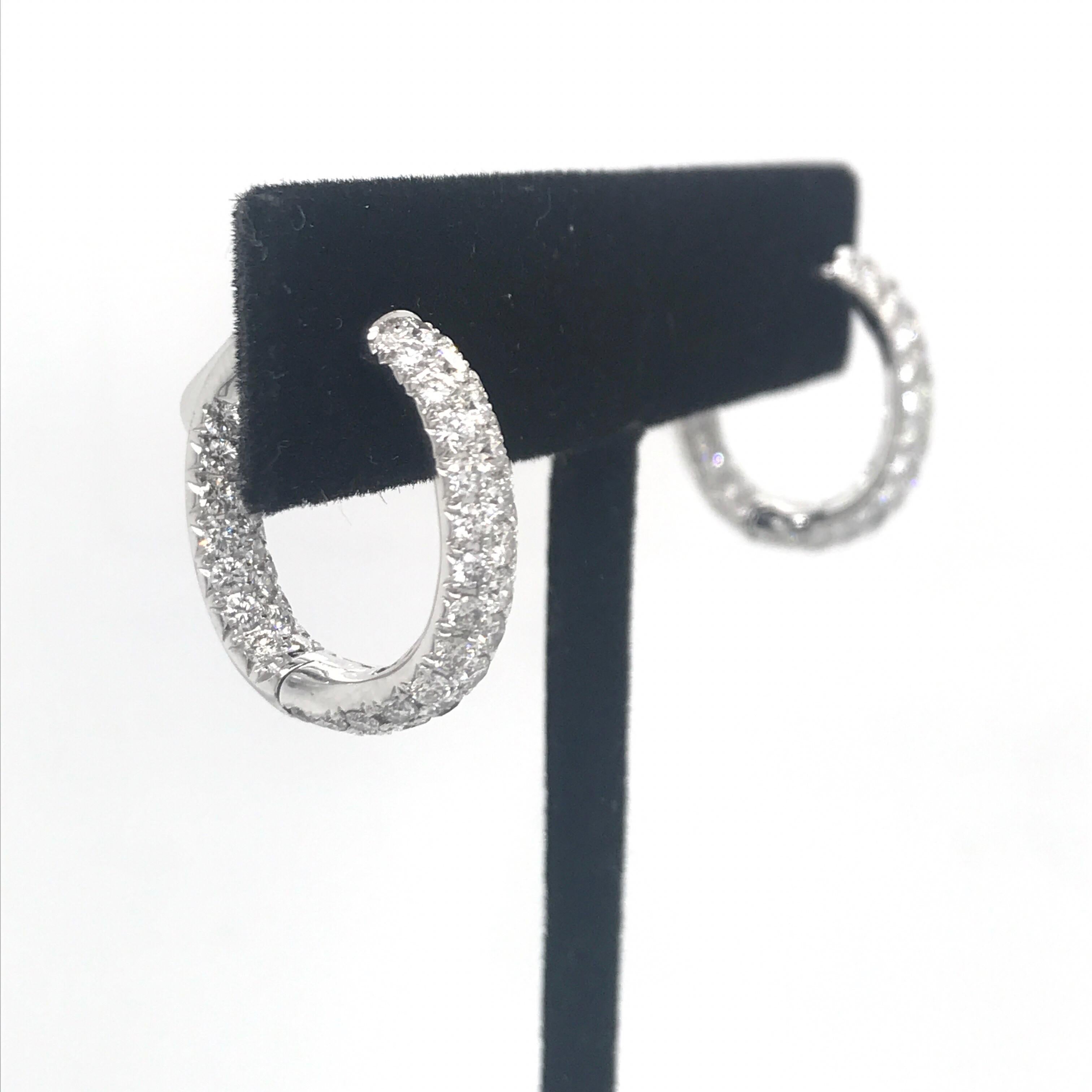 Round Cut Diamond Hoop Earrings 2.95 Carat 18 Karat White Gold For Sale