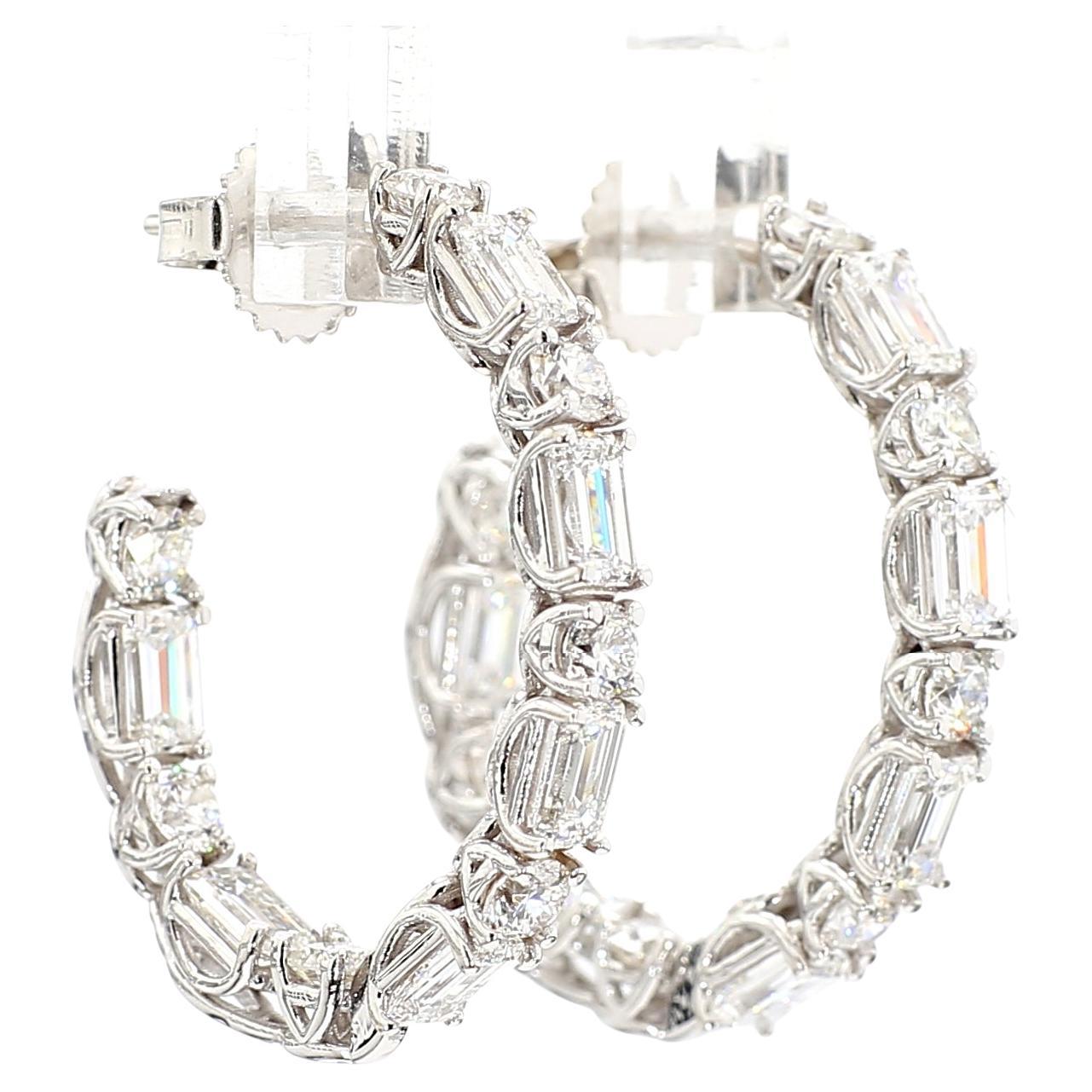 Diamond Hoop Earrings Alternating Emerald Cut & Round *Natural* 18K White Gold
