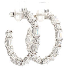Diamond Hoop Earrings Alternating Emerald Cut & Round *Natural* 18K White Gold