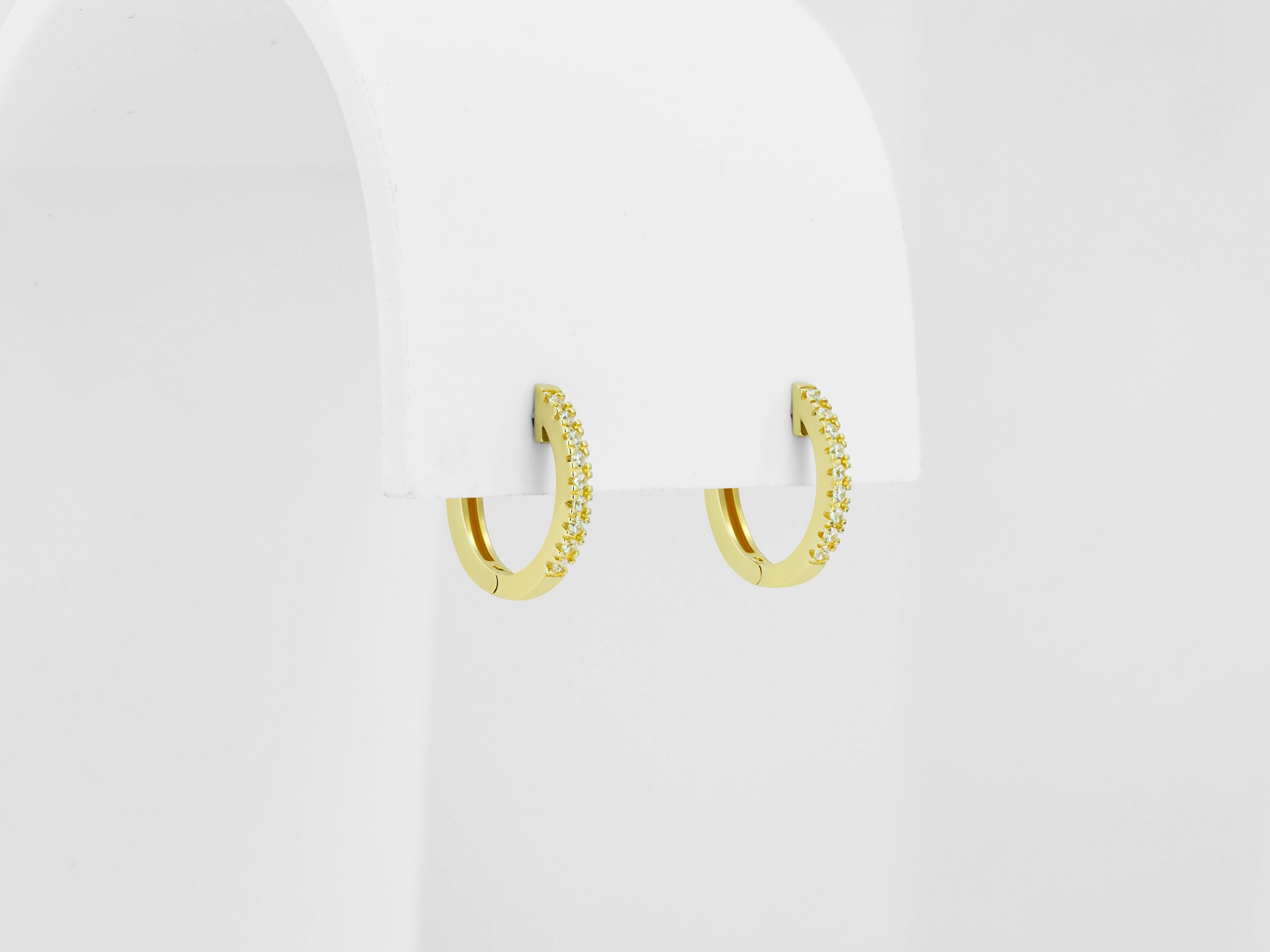 Modern Diamond Hoop Earrings and Amethyst Briolette Charms in 14k Gold.
