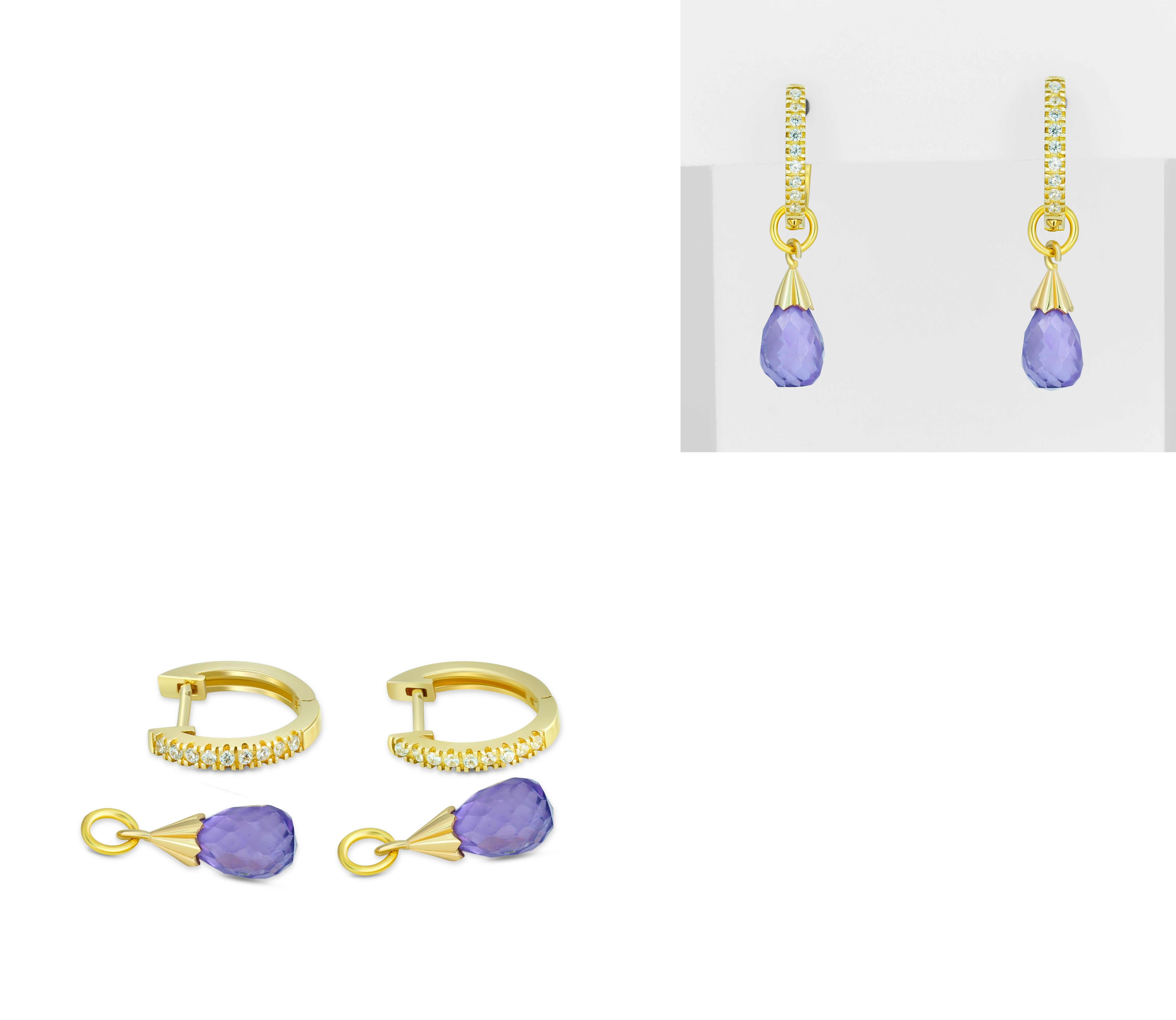 Diamond Hoop Earrings and Amethyst Briolette Charms in 14k Gold.  In New Condition For Sale In Istanbul, TR