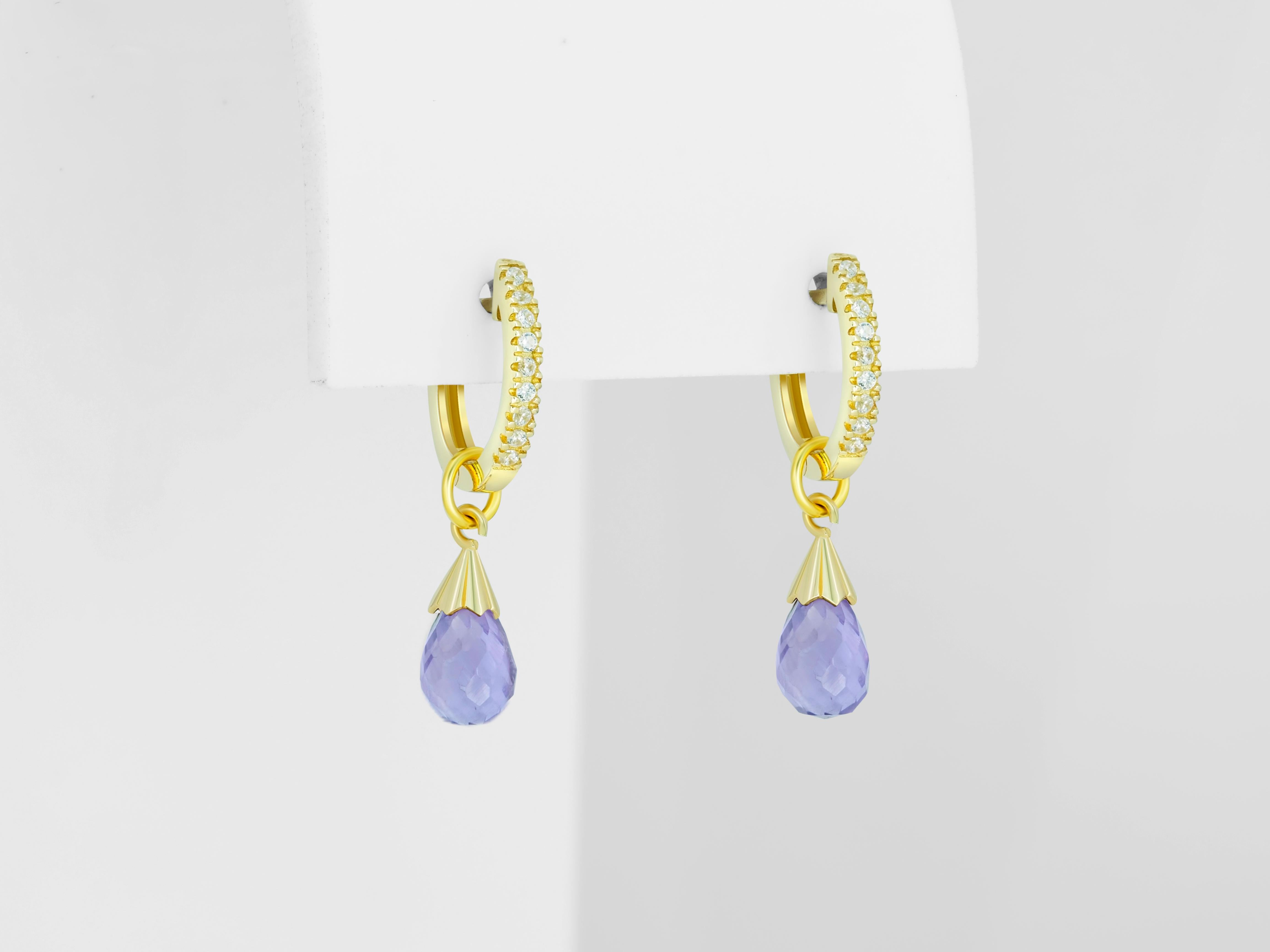 Women's Diamond Hoop Earrings and Amethyst Briolette Charms in 14k Gold For Sale