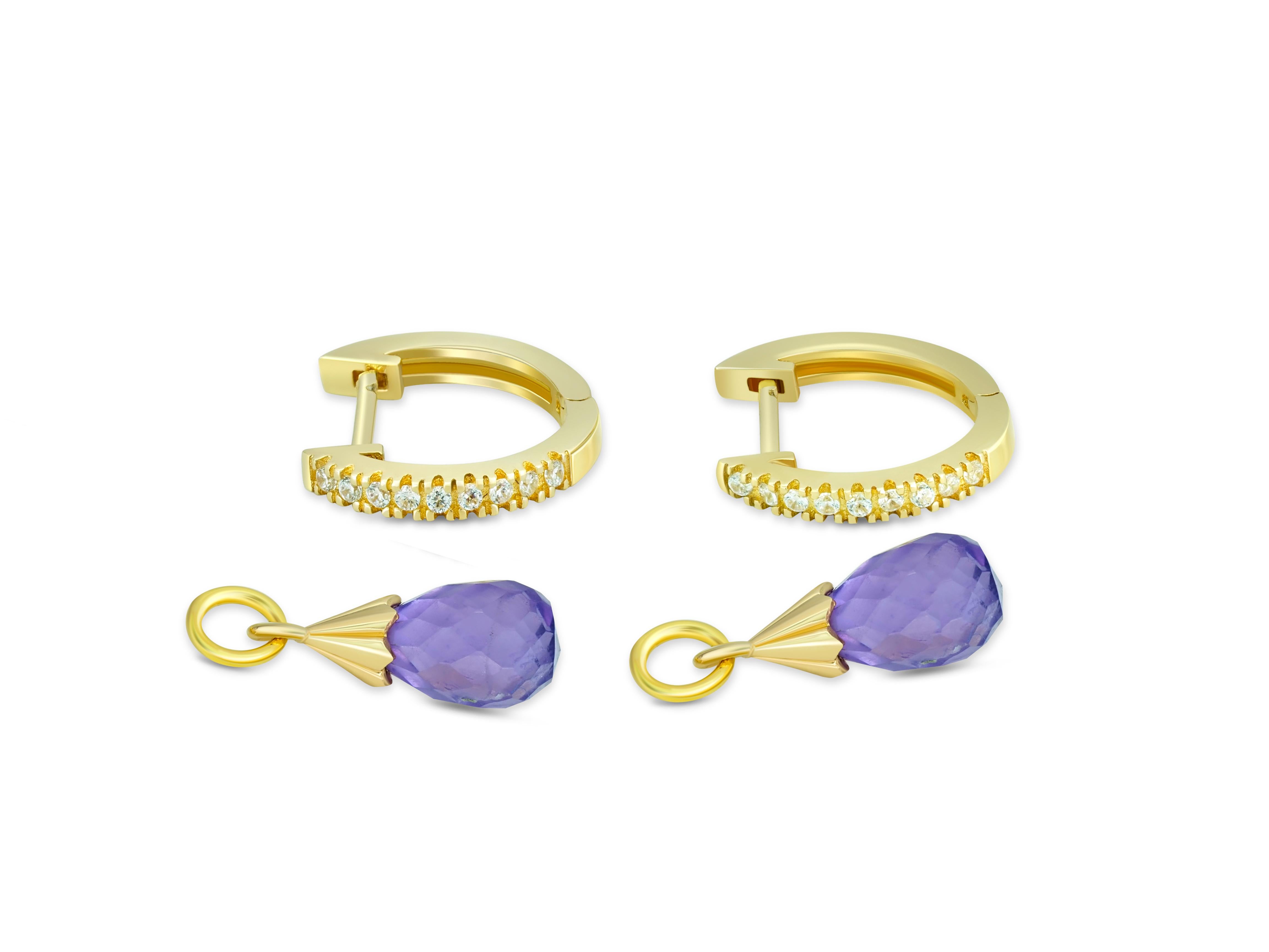 Women's Diamond Hoop Earrings and Amethyst Briolette Charms in 14k Gold.  For Sale