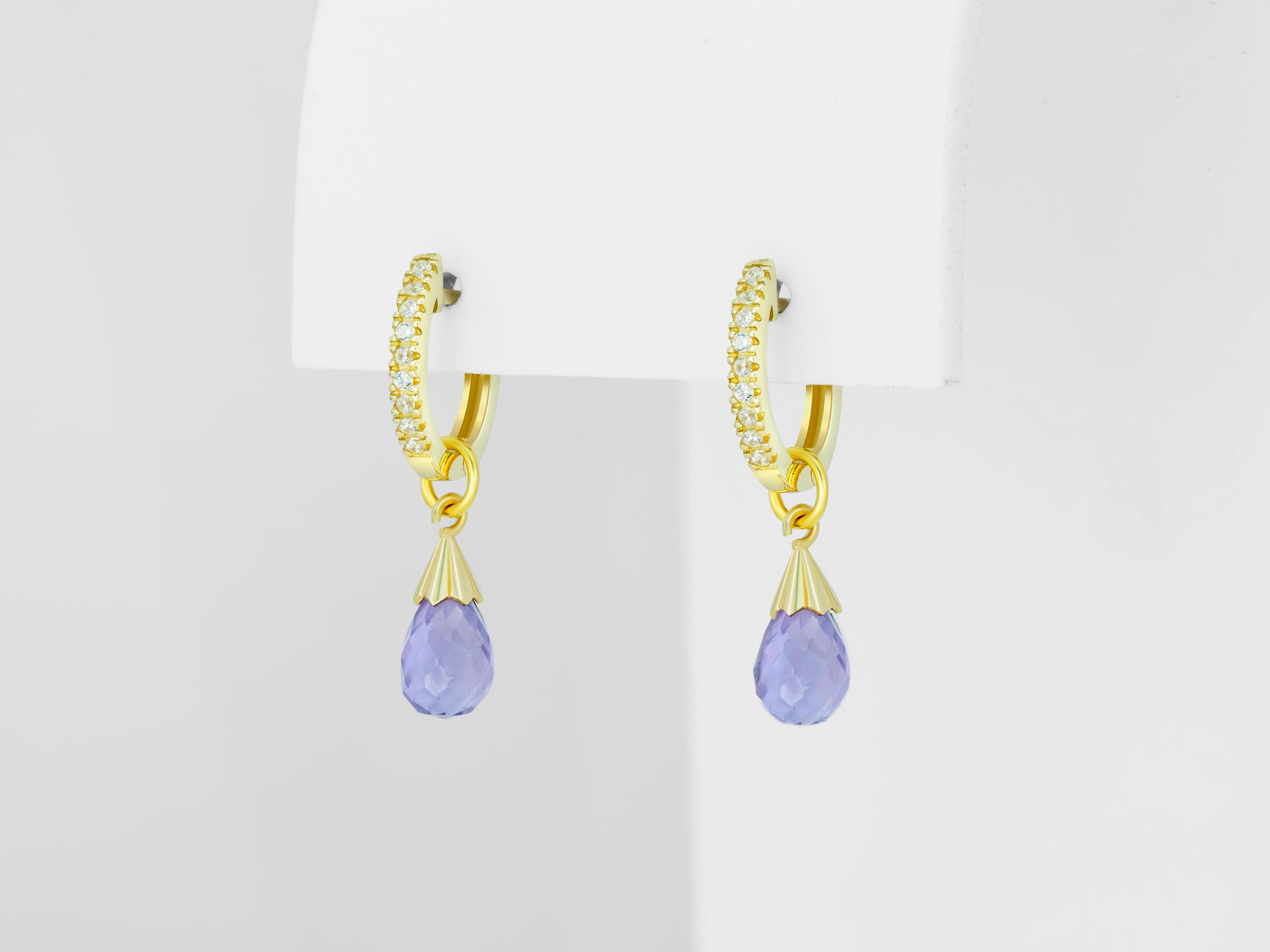 Diamond Hoop Earrings and Amethyst Briolette Charms in 14k Gold For Sale 1