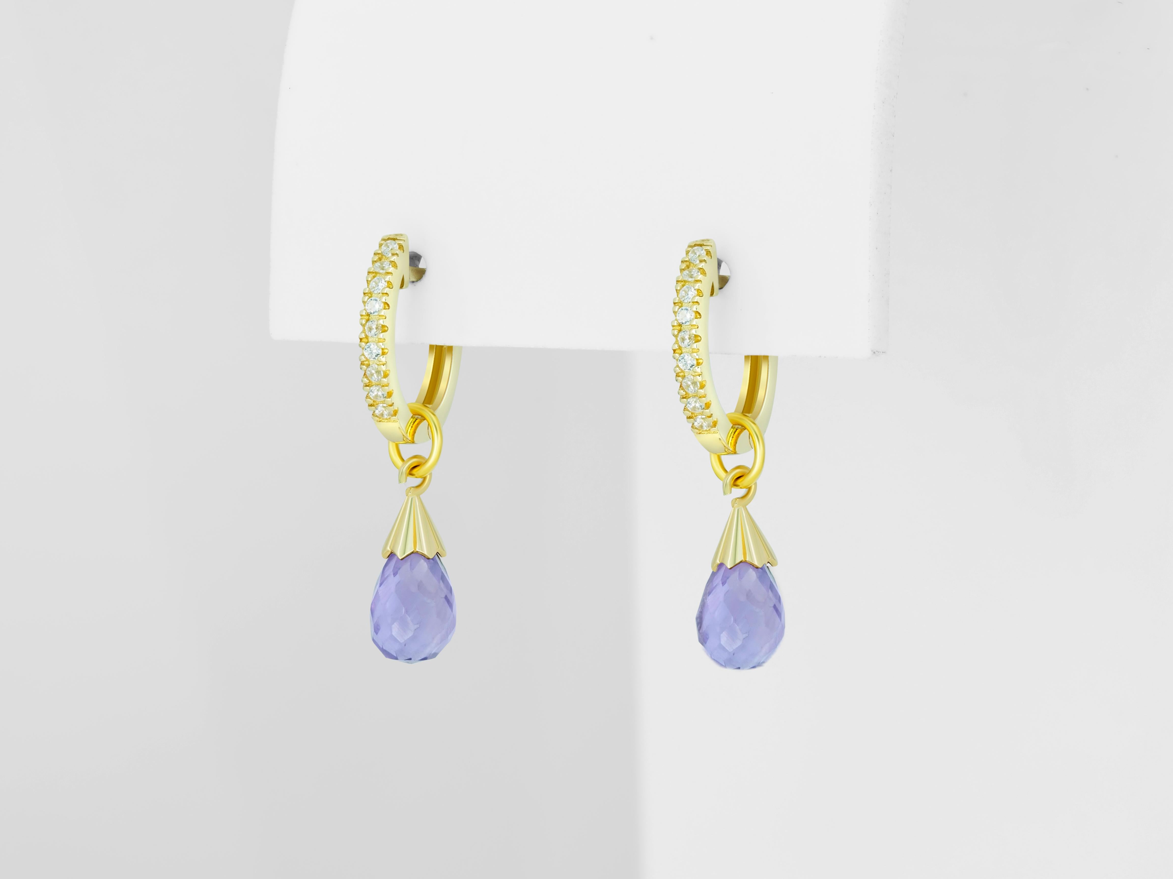 Diamond Hoop Earrings and Amethyst Briolette Charms in 14k Gold. 2