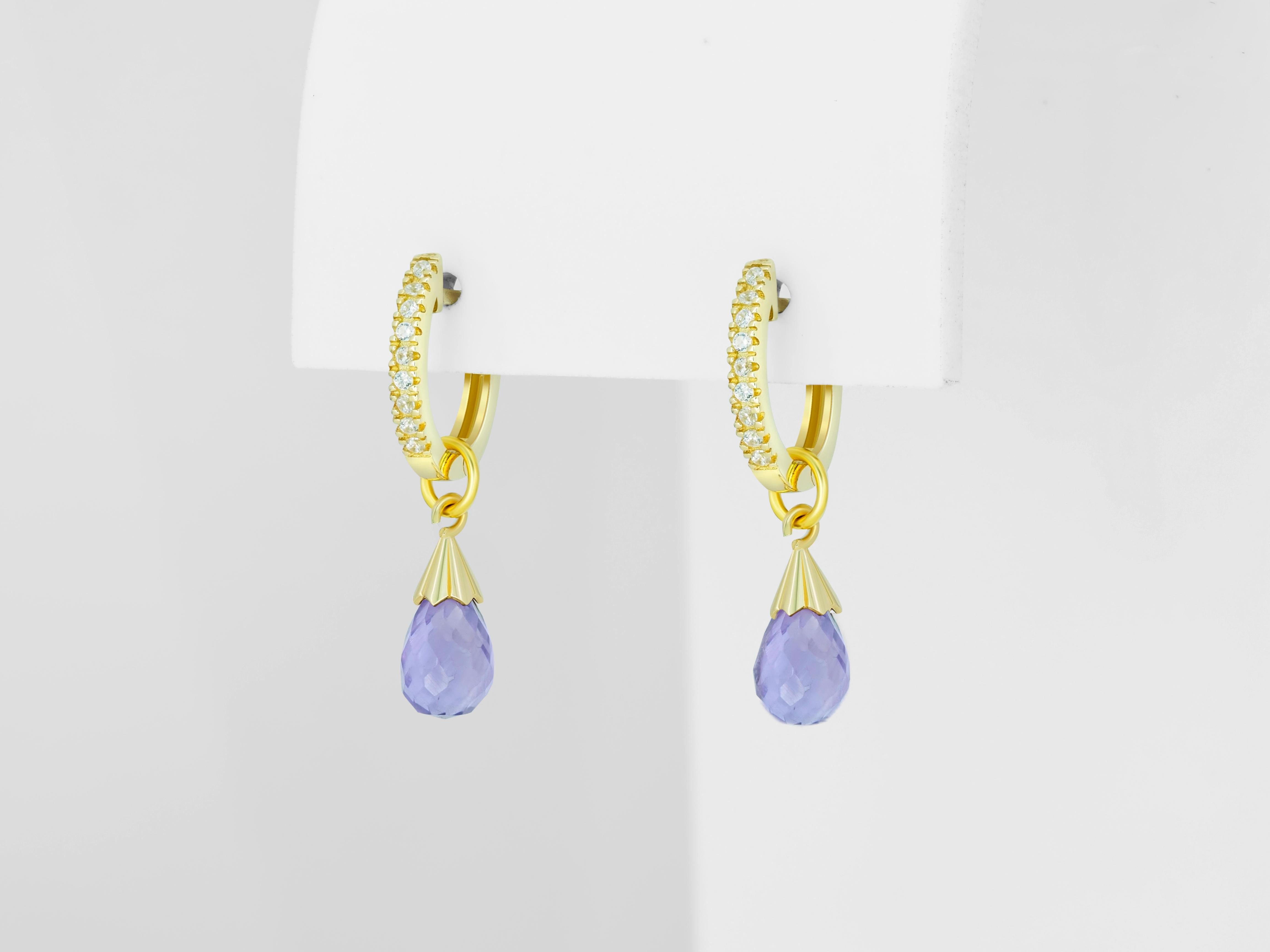 Diamond Hoop Earrings and Amethyst Briolette Charms in 14k Gold.  For Sale 2