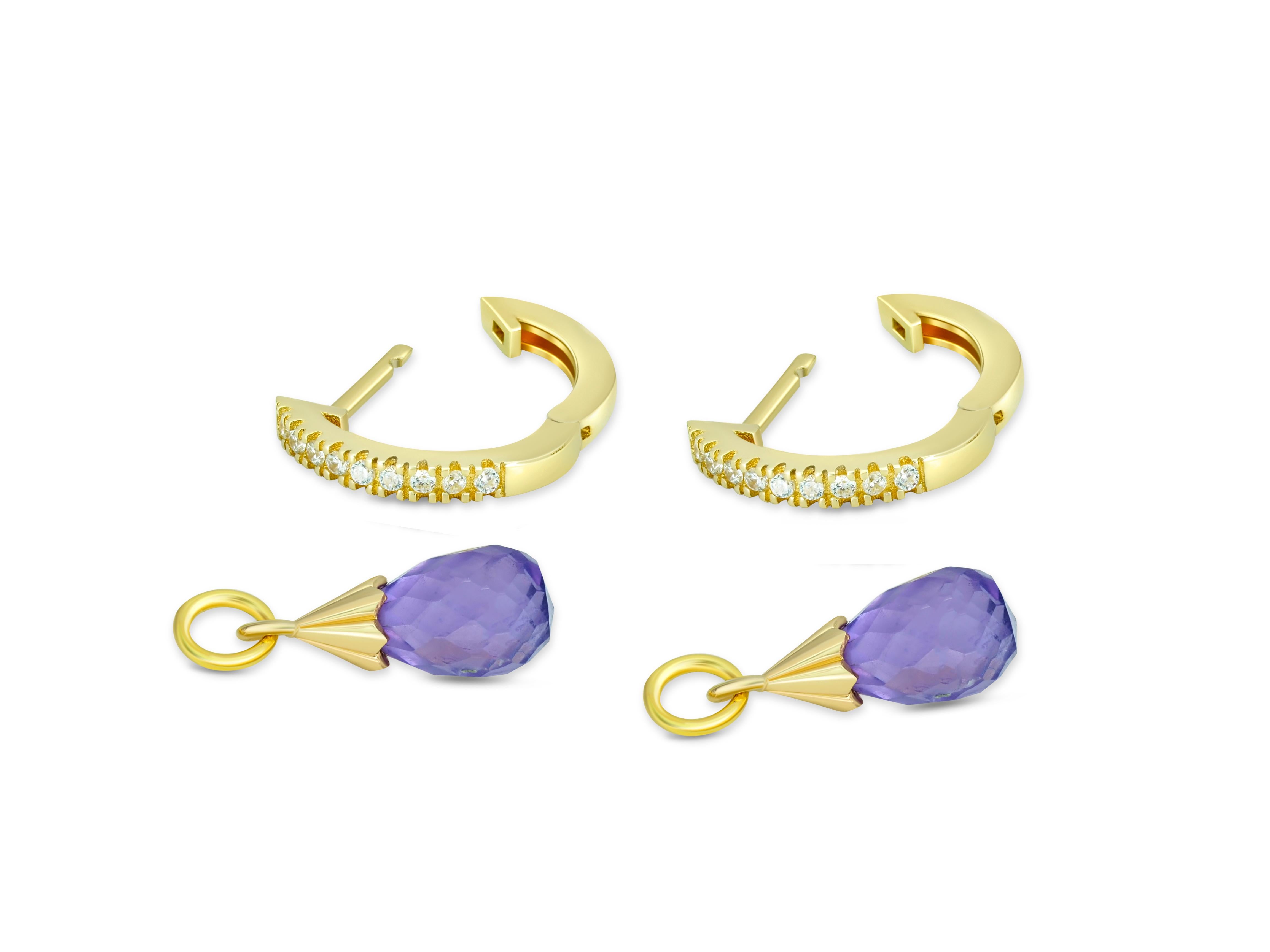 Diamond Hoop Earrings and Amethyst Briolette Charms in 14k Gold.  For Sale 3