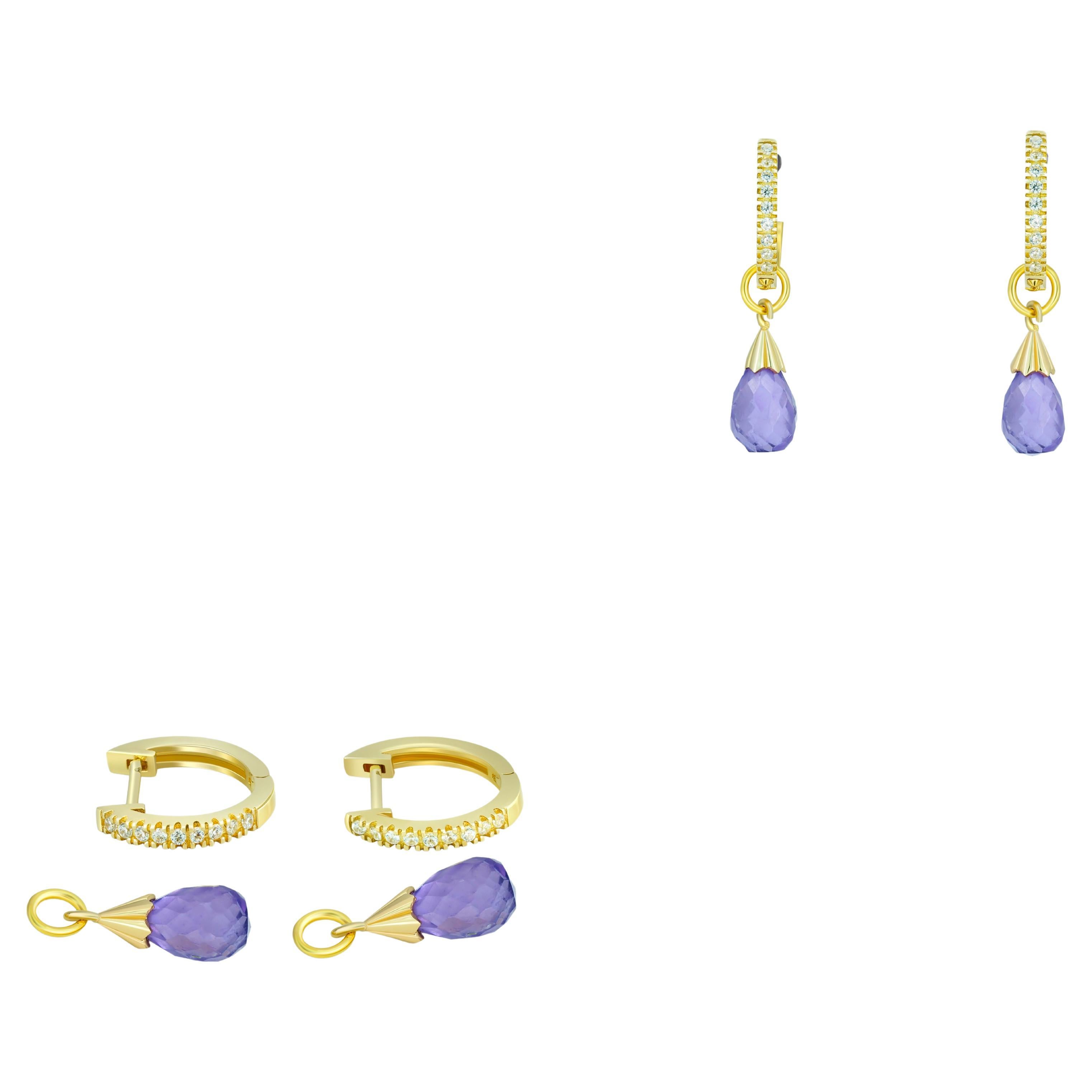 Diamond Hoop Earrings and Amethyst Briolette Charms in 14k Gold