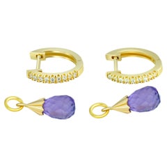 Diamond Hoop Earrings and Amethyst Briolette Charms in 14k Gold.