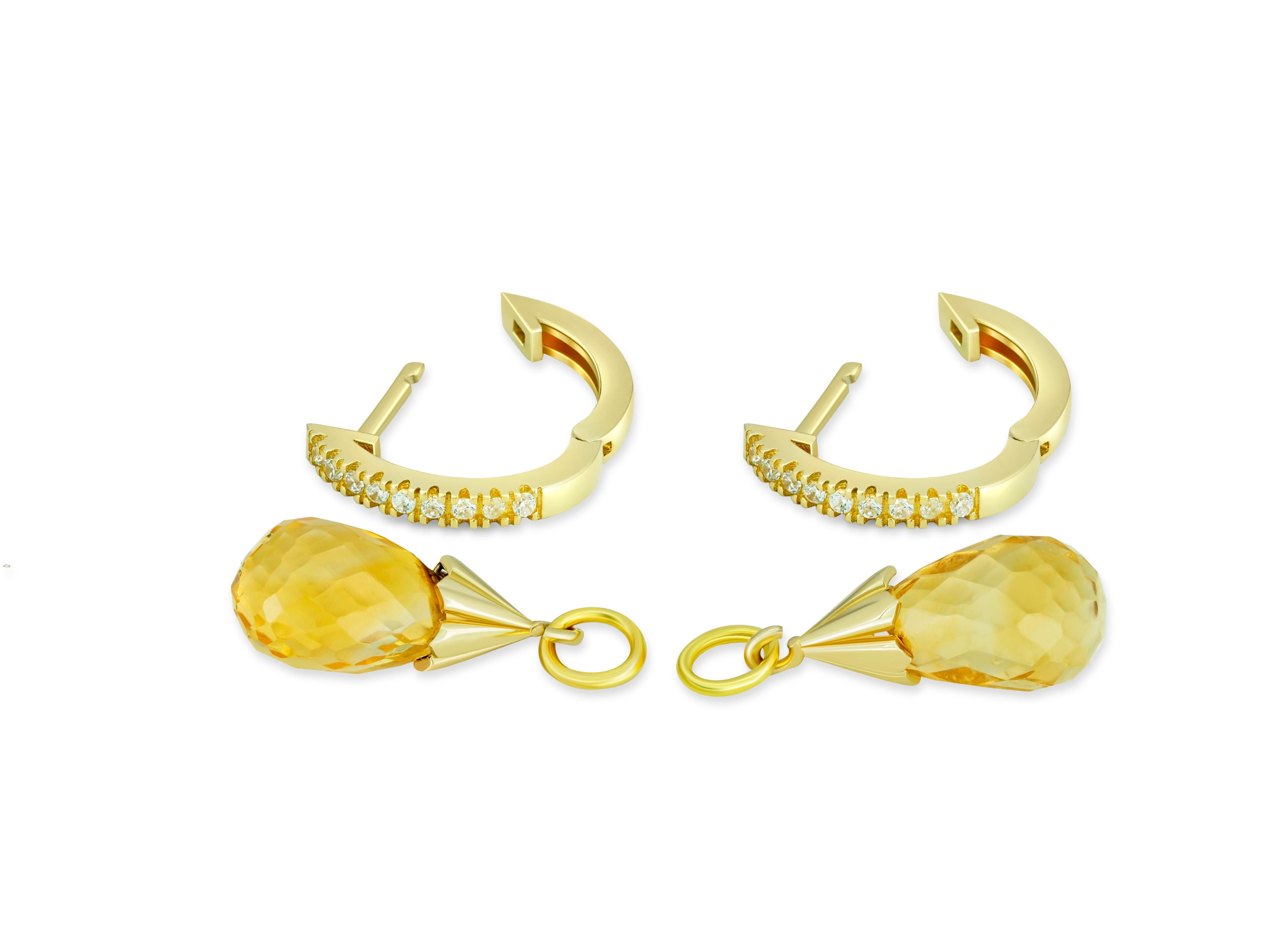 Diamond Hoop Earrings and Citrine Briolette Charms in 14k Gold In New Condition For Sale In Istanbul, TR