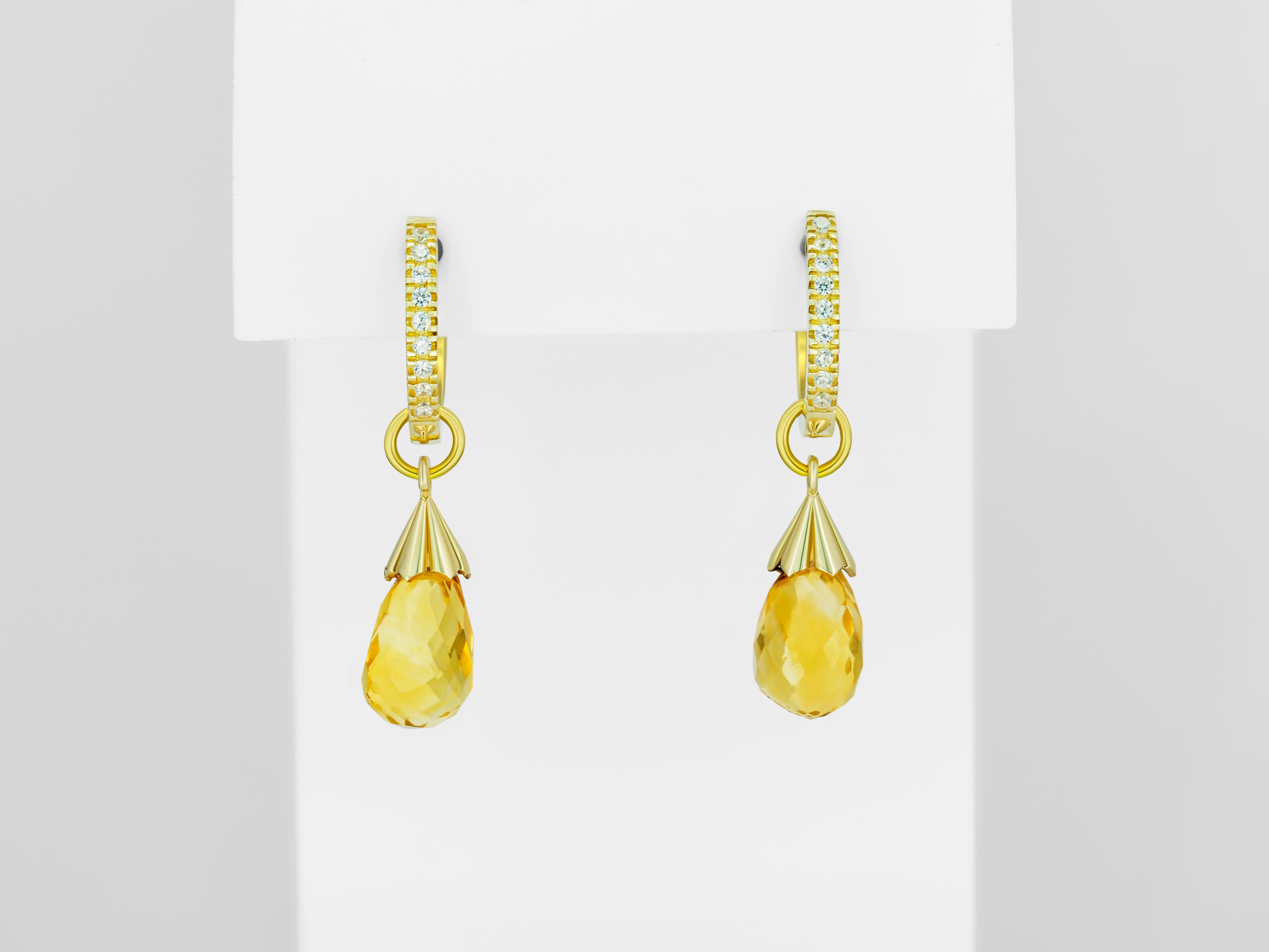 Women's Diamond Hoop Earrings and Citrine Briolette Charms in 14k Gold For Sale