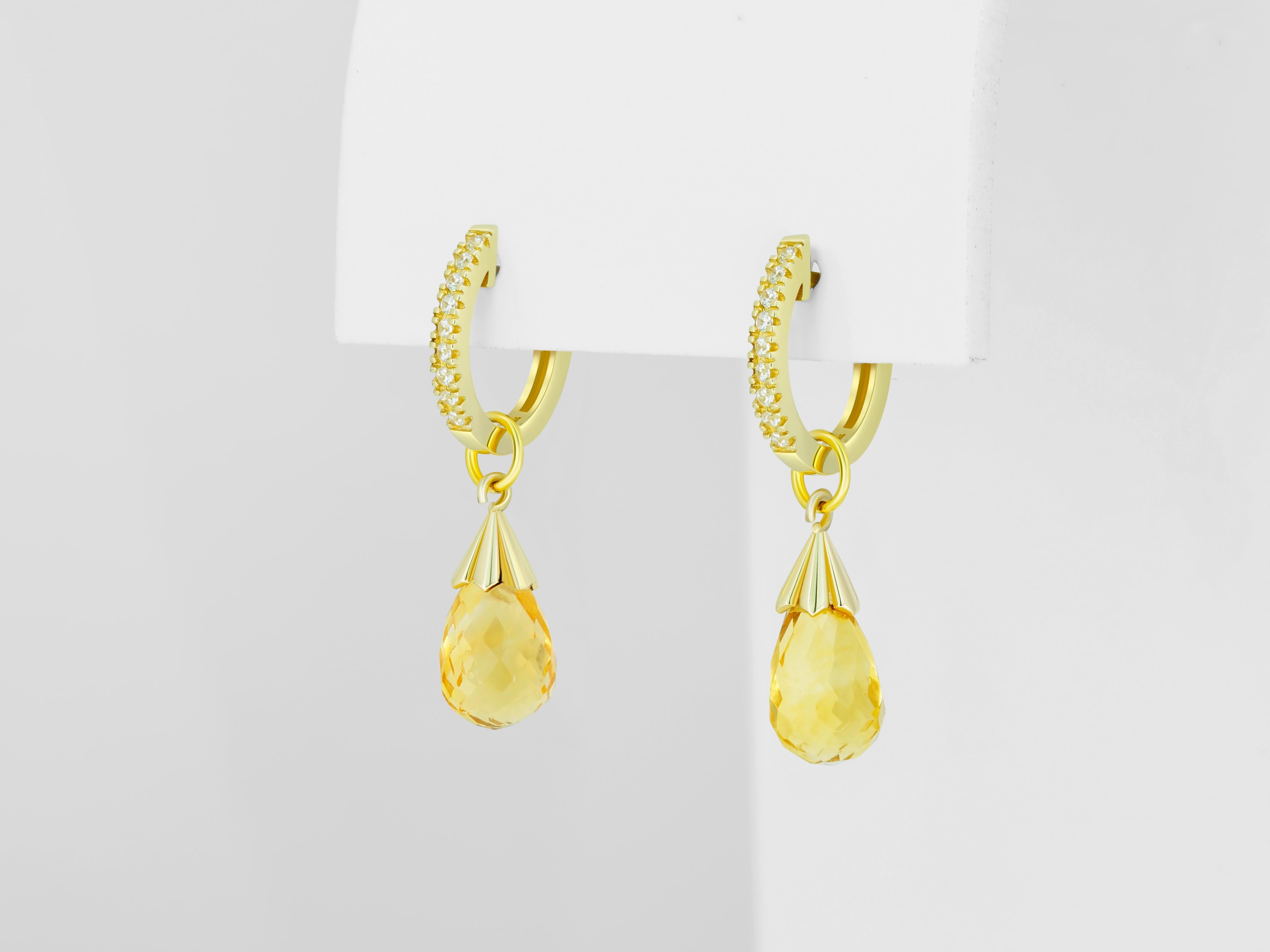 Créoles en or 14 carats avec diamants et breloques en forme de briolette en citrine en vente 1