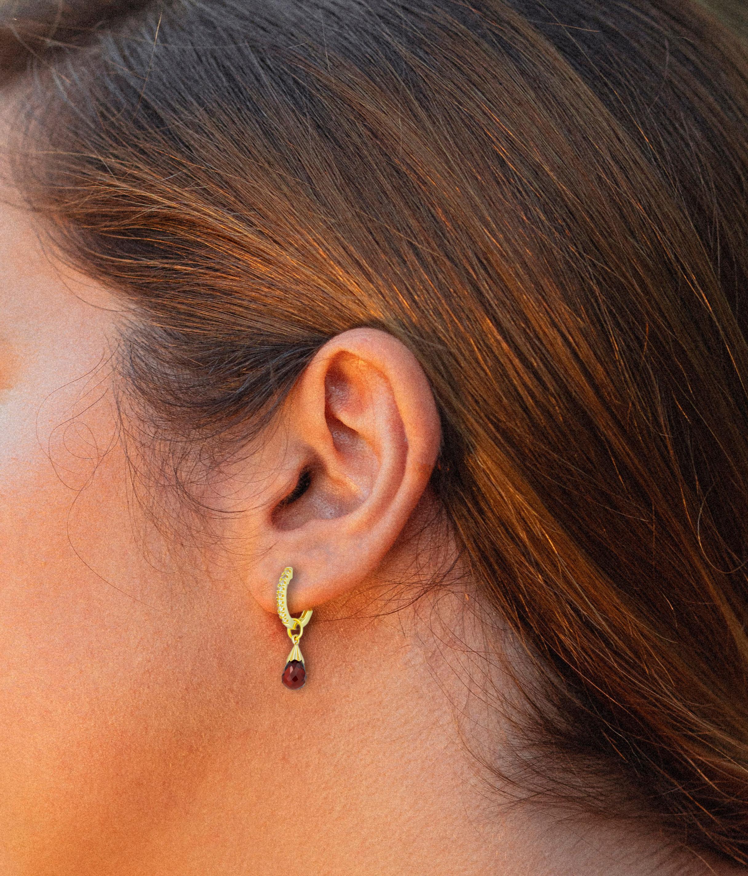 Diamond Hoop Earrings and Garnet Briolette Charms in 14k Gold For Sale 2