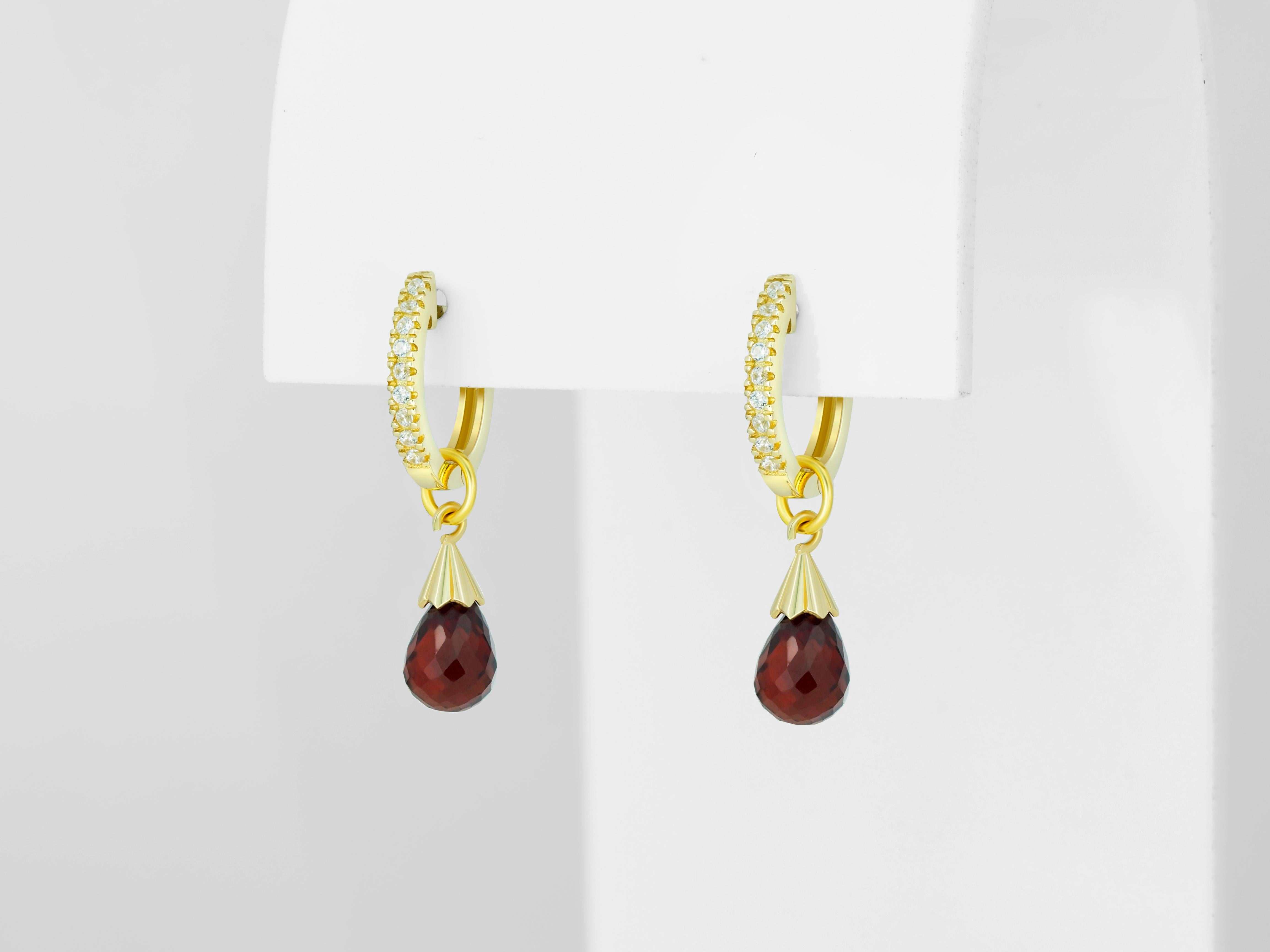 Diamond Hoop Earrings and Garnet Briolette Charms in 14k Gold For Sale 1