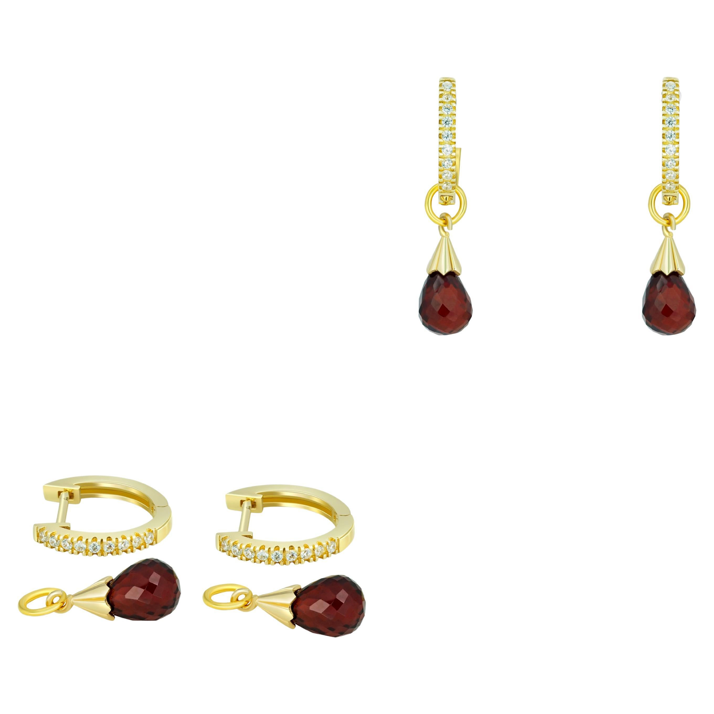 Diamond Hoop Earrings and Garnet Briolette Charms in 14k Gold