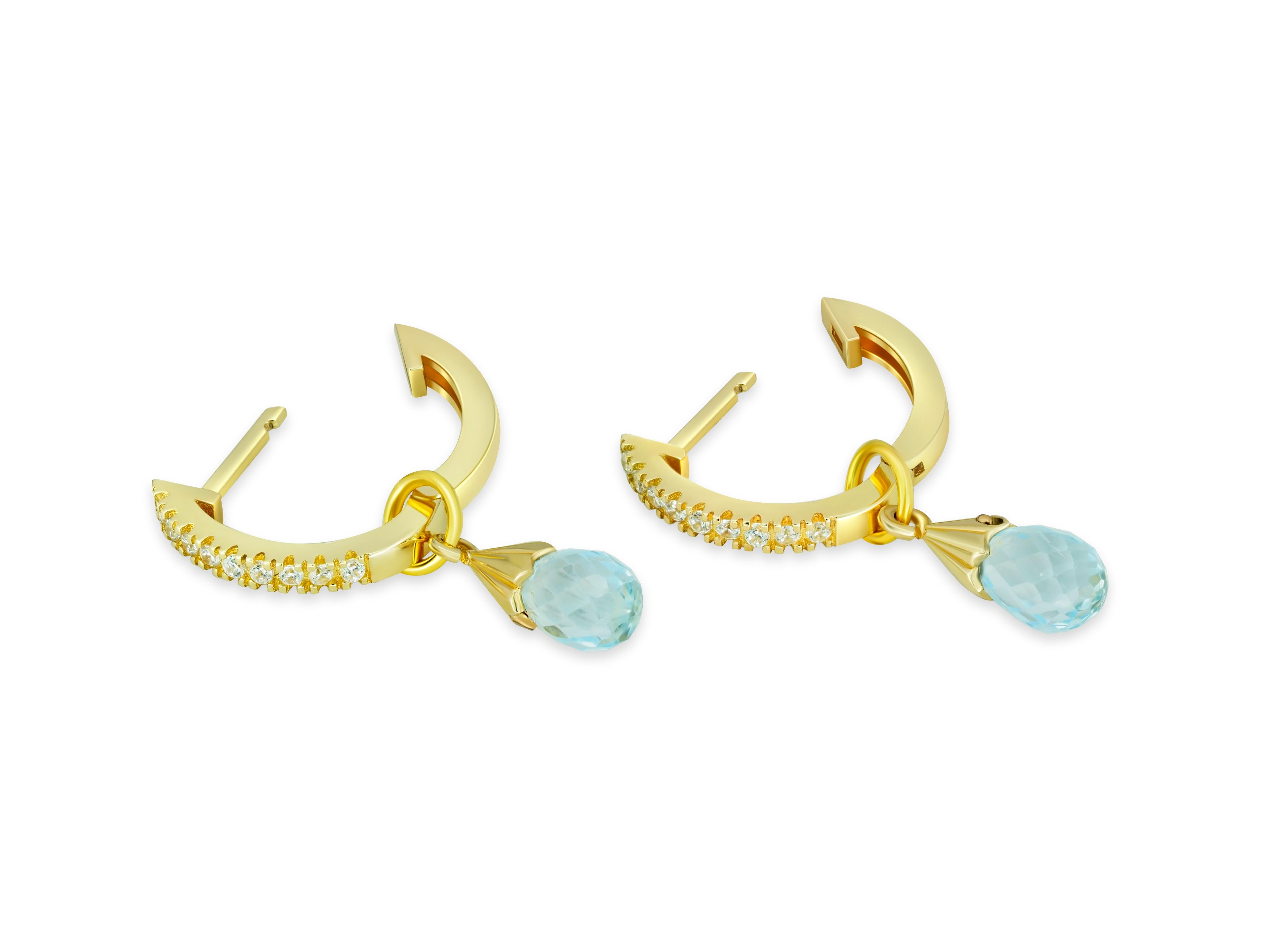 Diamond Hoop Earrings and Topaz Briolette Charms in 14k Gold.  In New Condition For Sale In Istanbul, TR