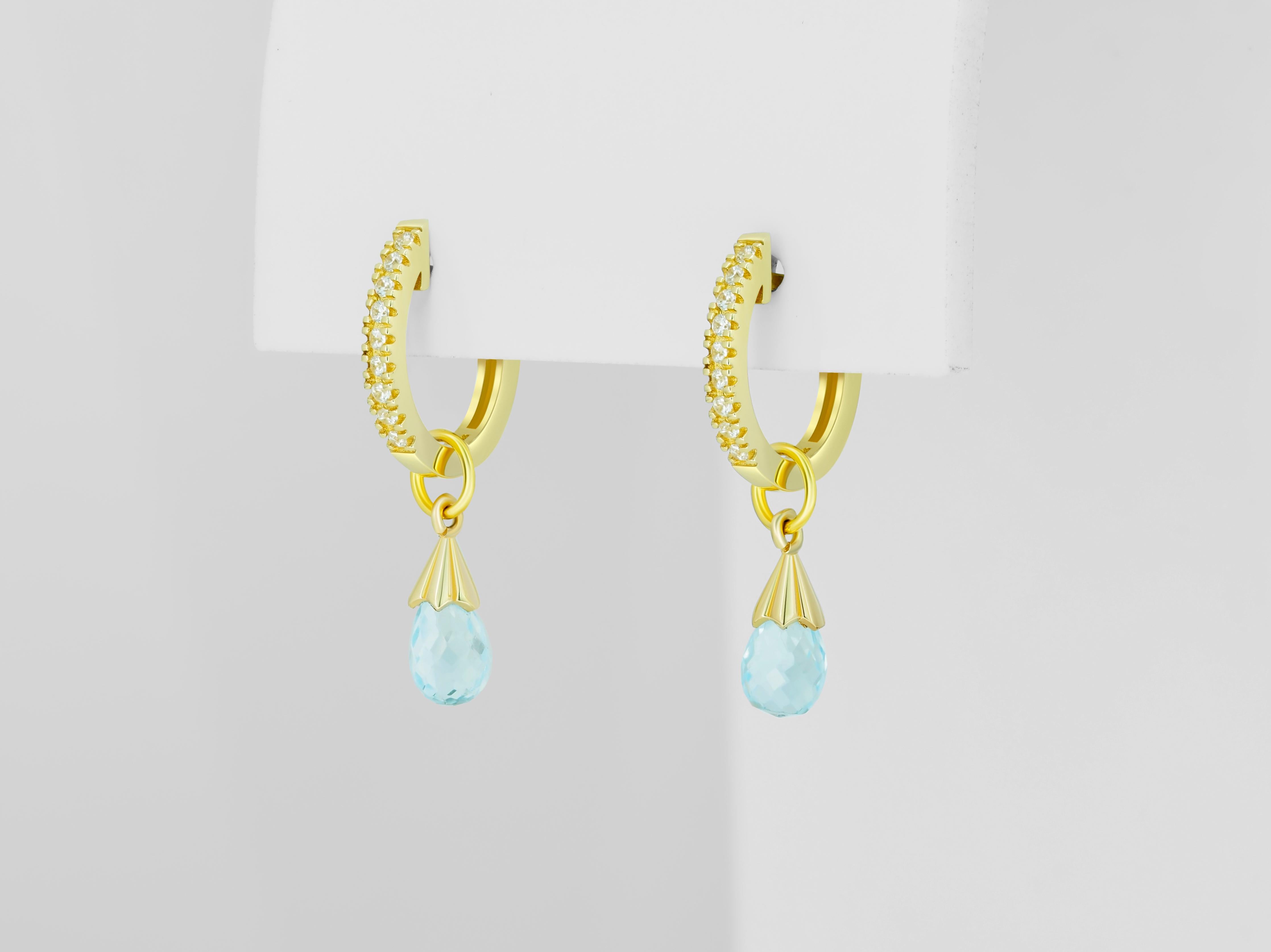 Diamond Hoop Earrings and Topaz Briolette Charms in 14k Gold For Sale 2