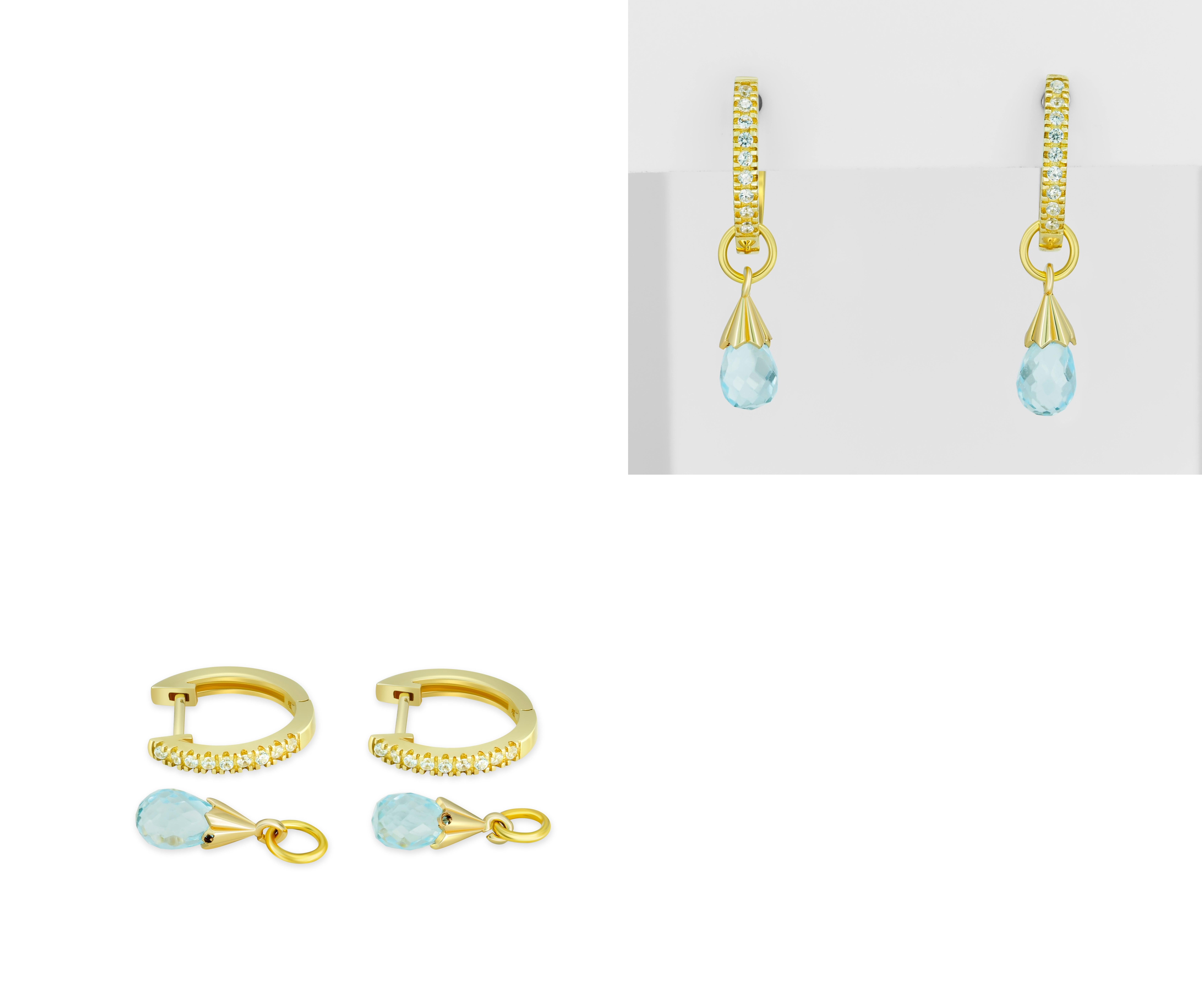 Diamond Hoop Earrings and Topaz Briolette Charms in 14k Gold.  For Sale 2