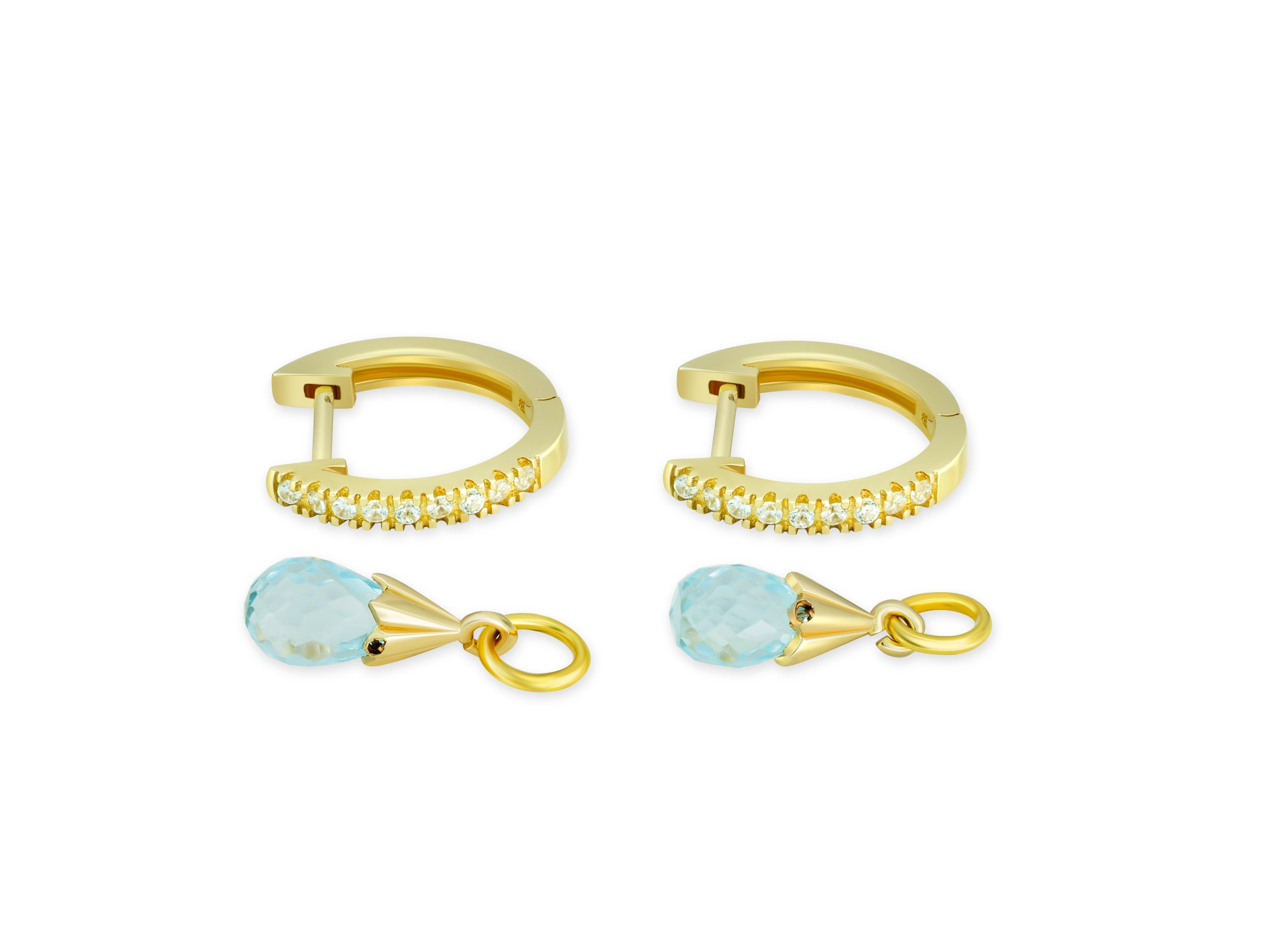 Diamond Hoop Earrings and Topaz Briolette Charms in 14k Gold.  For Sale 3