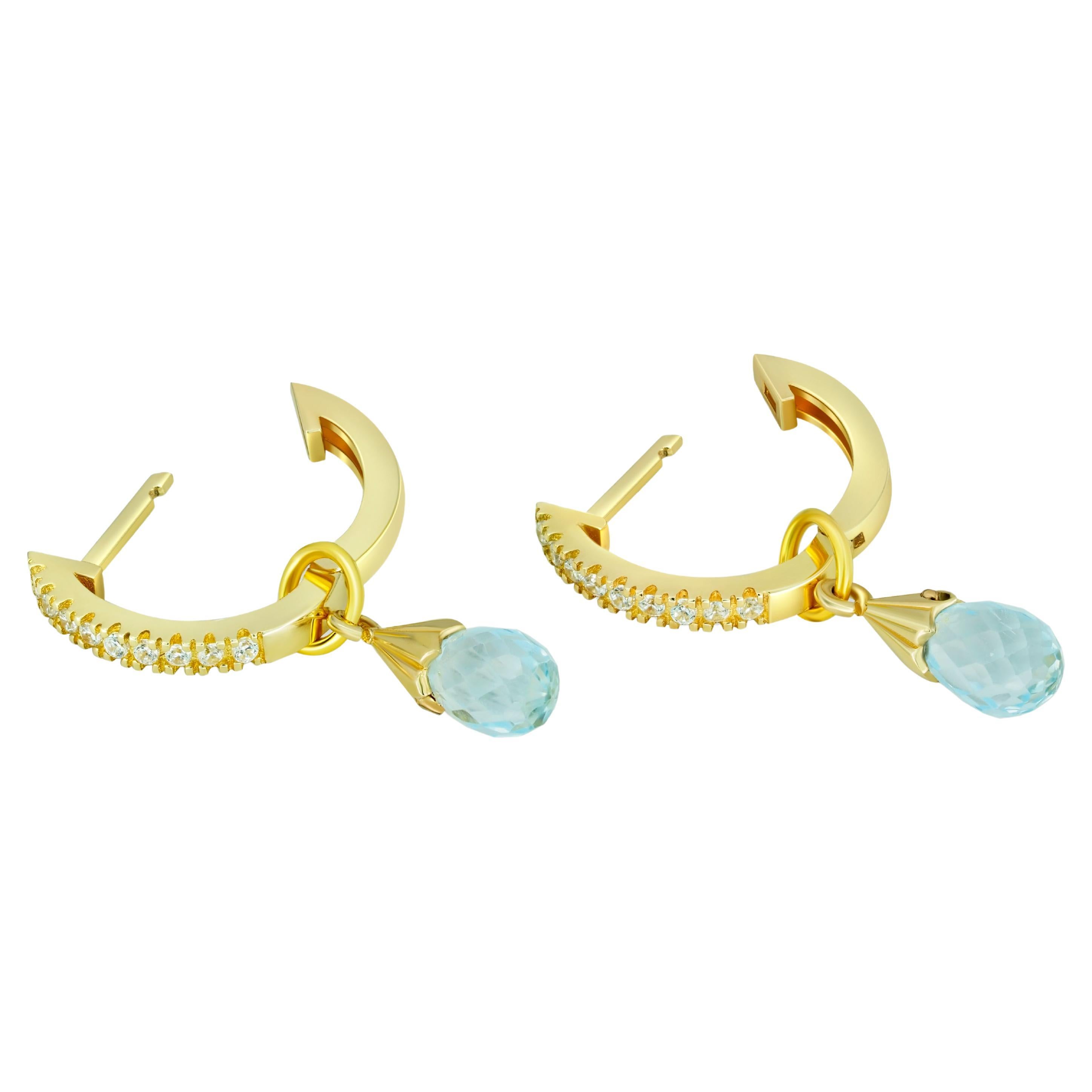 Diamond Hoop Earrings and Topaz Briolette Charms in 14k Gold.  For Sale