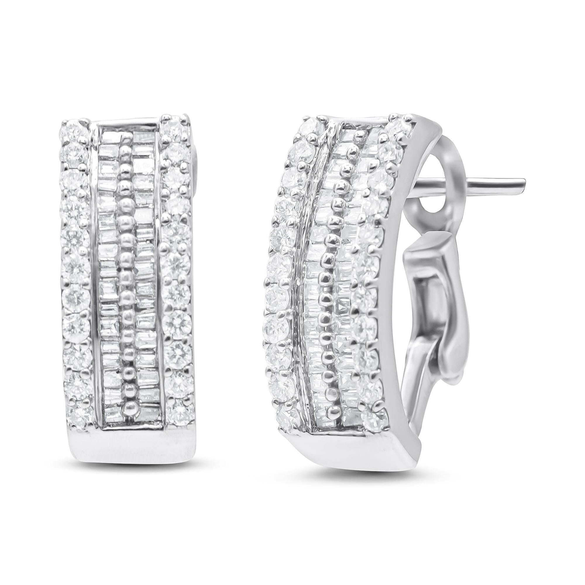 Baguette Cut Diamond Hoop Earrings Baguette and Round Cut 1.5 Carats 14K White Gold For Sale
